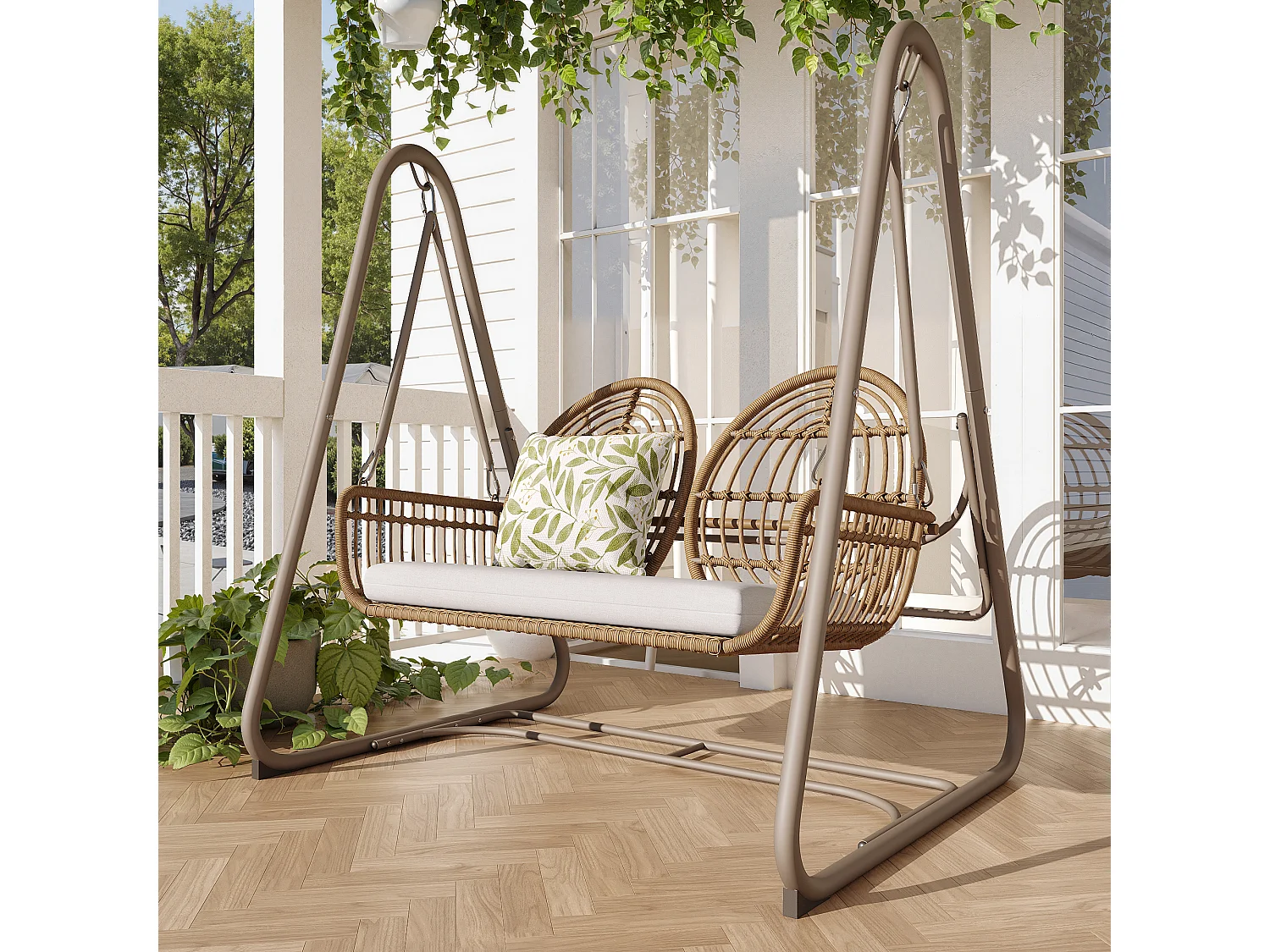 Altalena da giardino, altalena da veranda con schienale, altalena doppia in rattan PE, cuscino beige (141 x 109 x 143 cm)