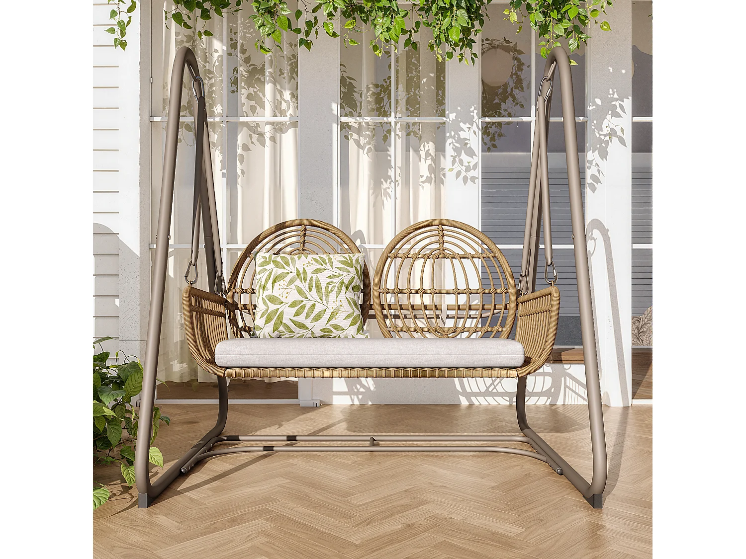 Altalena da giardino, altalena da veranda con schienale, altalena doppia in rattan PE, cuscino beige (141 x 109 x 143 cm)