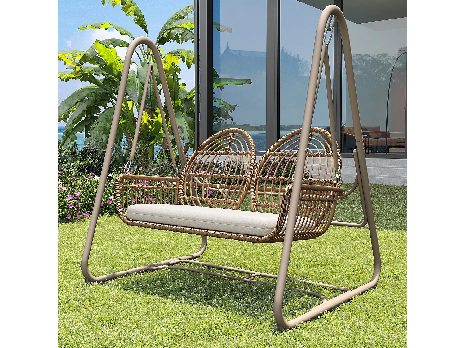 Altalena da giardino, altalena da veranda con schienale, altalena doppia in rattan PE, cuscino beige (141 x 109 x 143 cm)