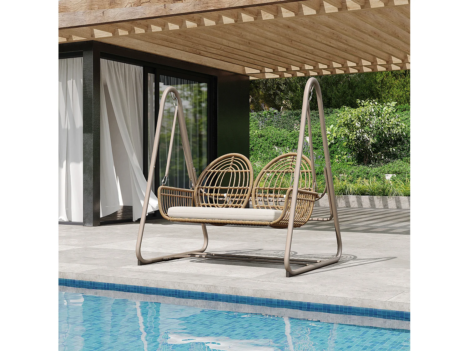 Altalena da giardino, altalena da veranda con schienale, altalena doppia in rattan PE, cuscino beige (141 x 109 x 143 cm)
