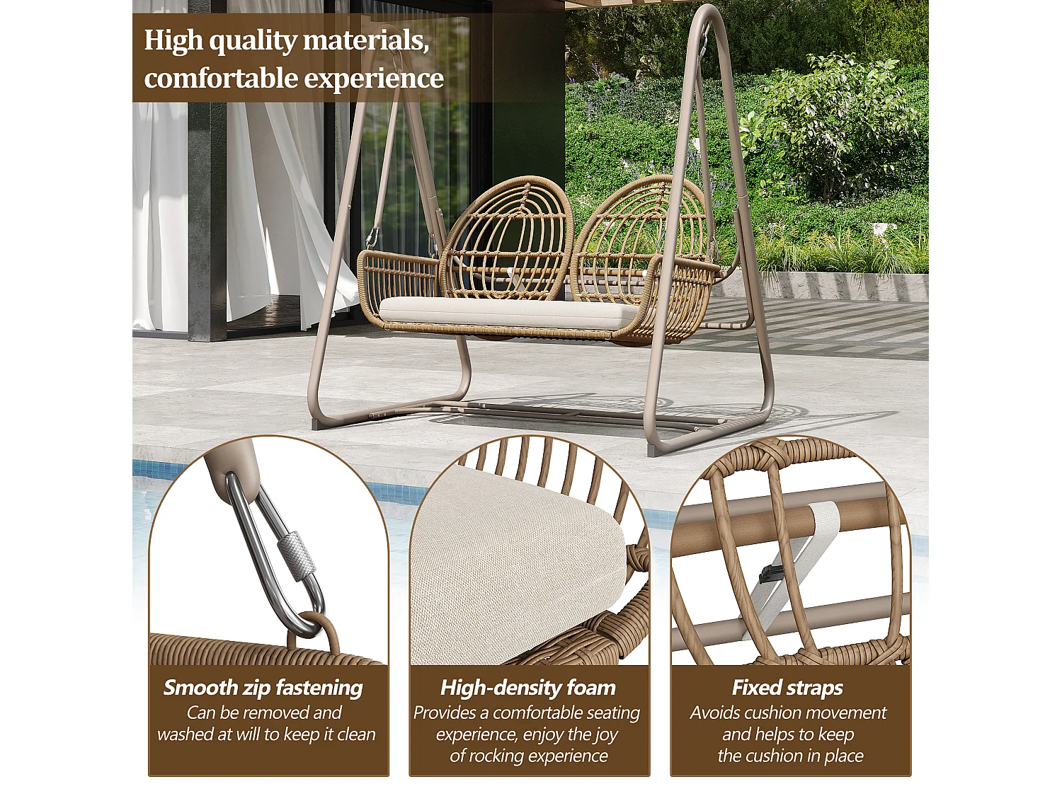 Altalena da giardino, altalena da veranda con schienale, altalena doppia in rattan PE, cuscino beige (141 x 109 x 143 cm)