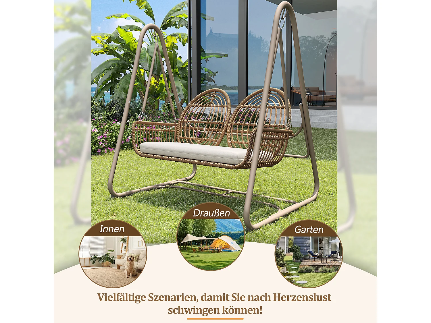 Altalena da giardino, altalena da veranda con schienale, altalena doppia in rattan PE, cuscino beige (141 x 109 x 143 cm)