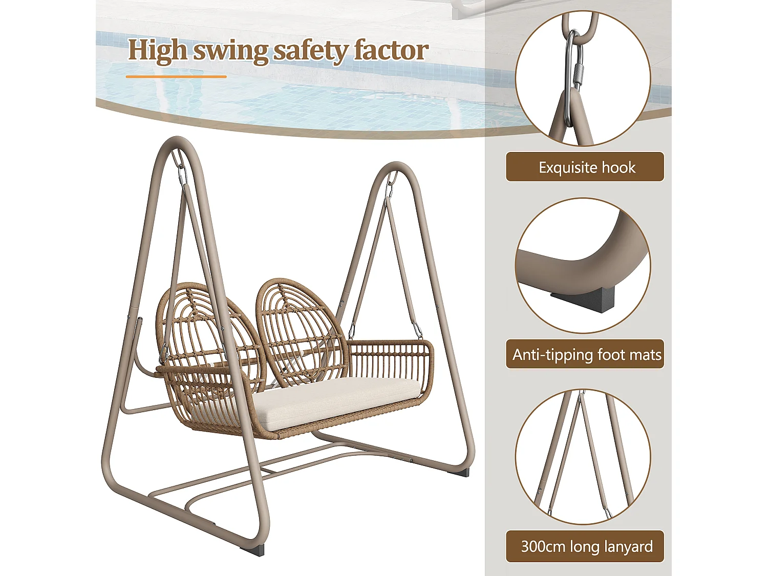 Altalena da giardino, altalena da veranda con schienale, altalena doppia in rattan PE, cuscino beige (141 x 109 x 143 cm)
