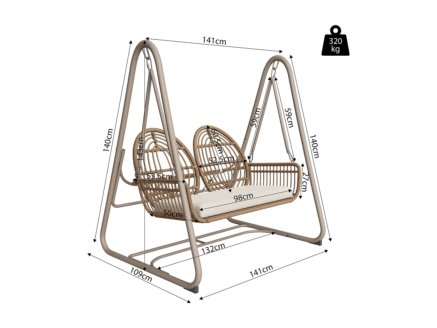 Altalena da giardino, altalena da veranda con schienale, altalena doppia in rattan PE, cuscino beige (141 x 109 x 143 cm)