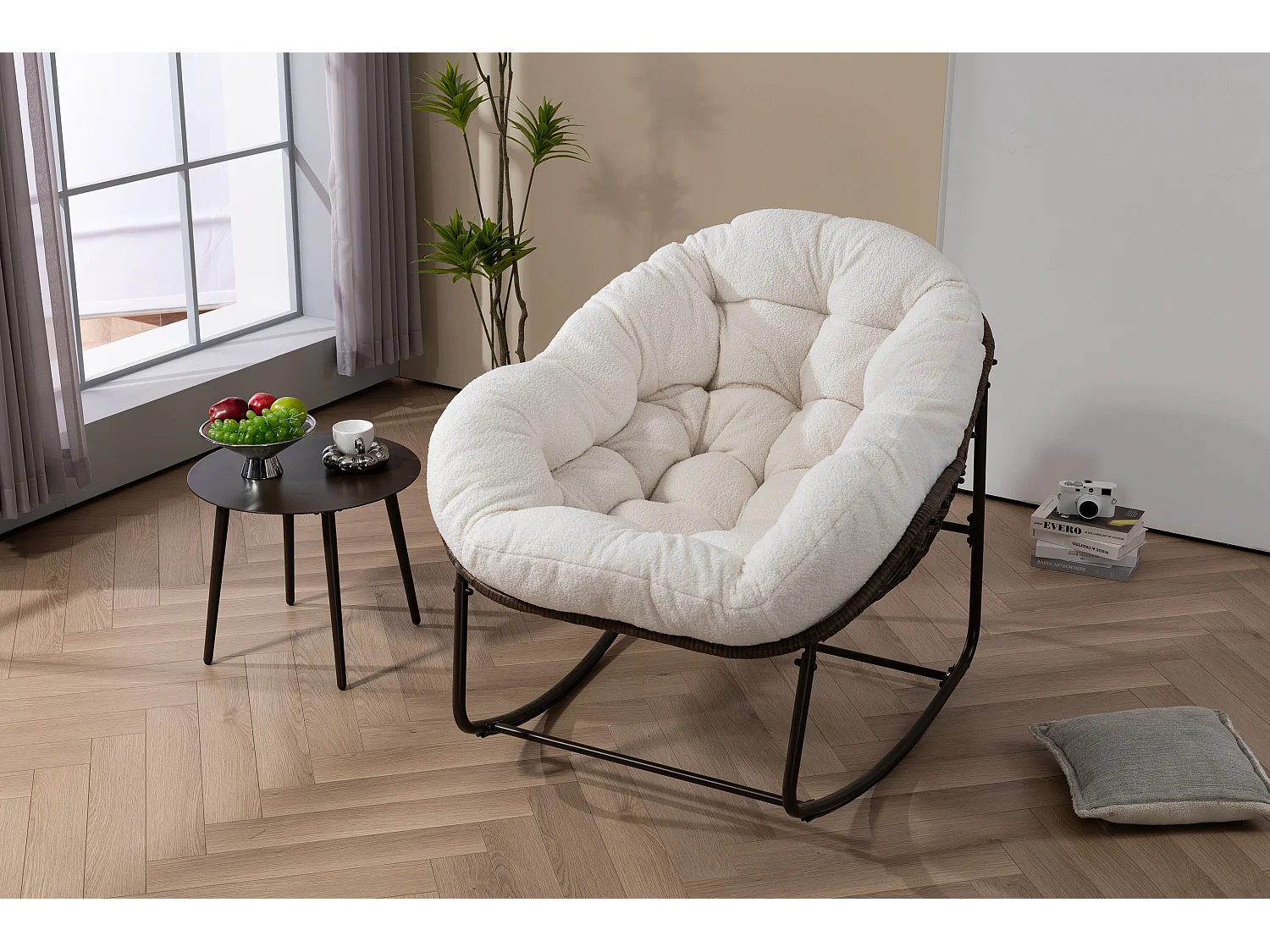 Sedia a dondolo da esterno in rattan con cuscino in cotone, schienale regolabile, cuscino grigio impermeabile (43,7 x 37,2 x 31,5 cm)