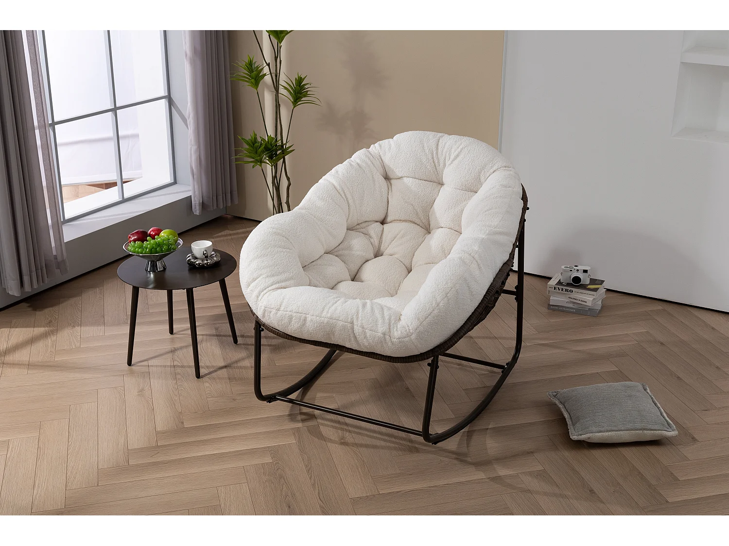 Sedia a dondolo da esterno in rattan con cuscino in cotone, schienale regolabile, cuscino grigio impermeabile (43,7 x 37,2 x 31,5 cm)