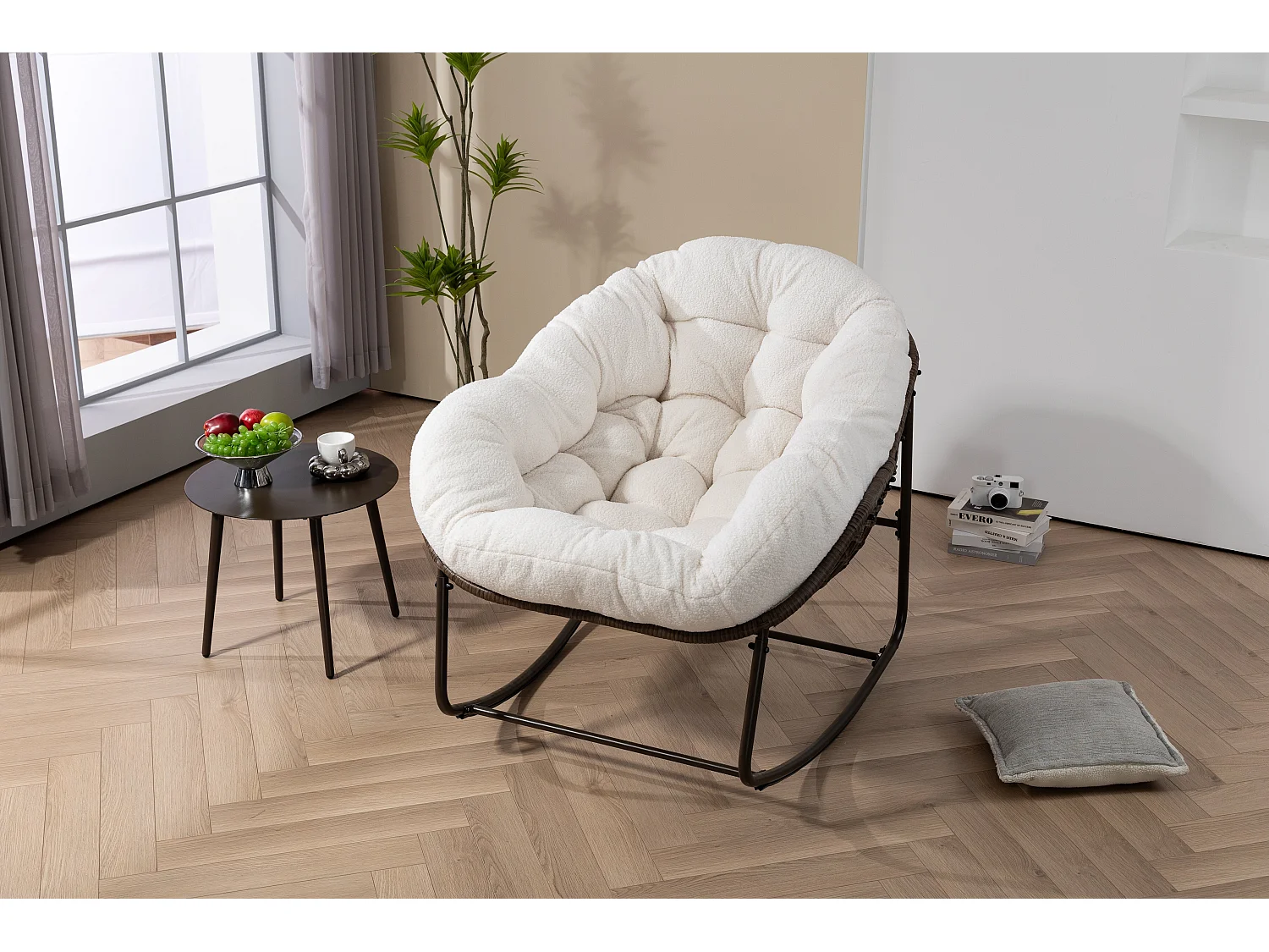 Sedia a dondolo da esterno in rattan con cuscino in cotone, schienale regolabile, cuscino grigio impermeabile (43,7 x 37,2 x 31,5 cm)
