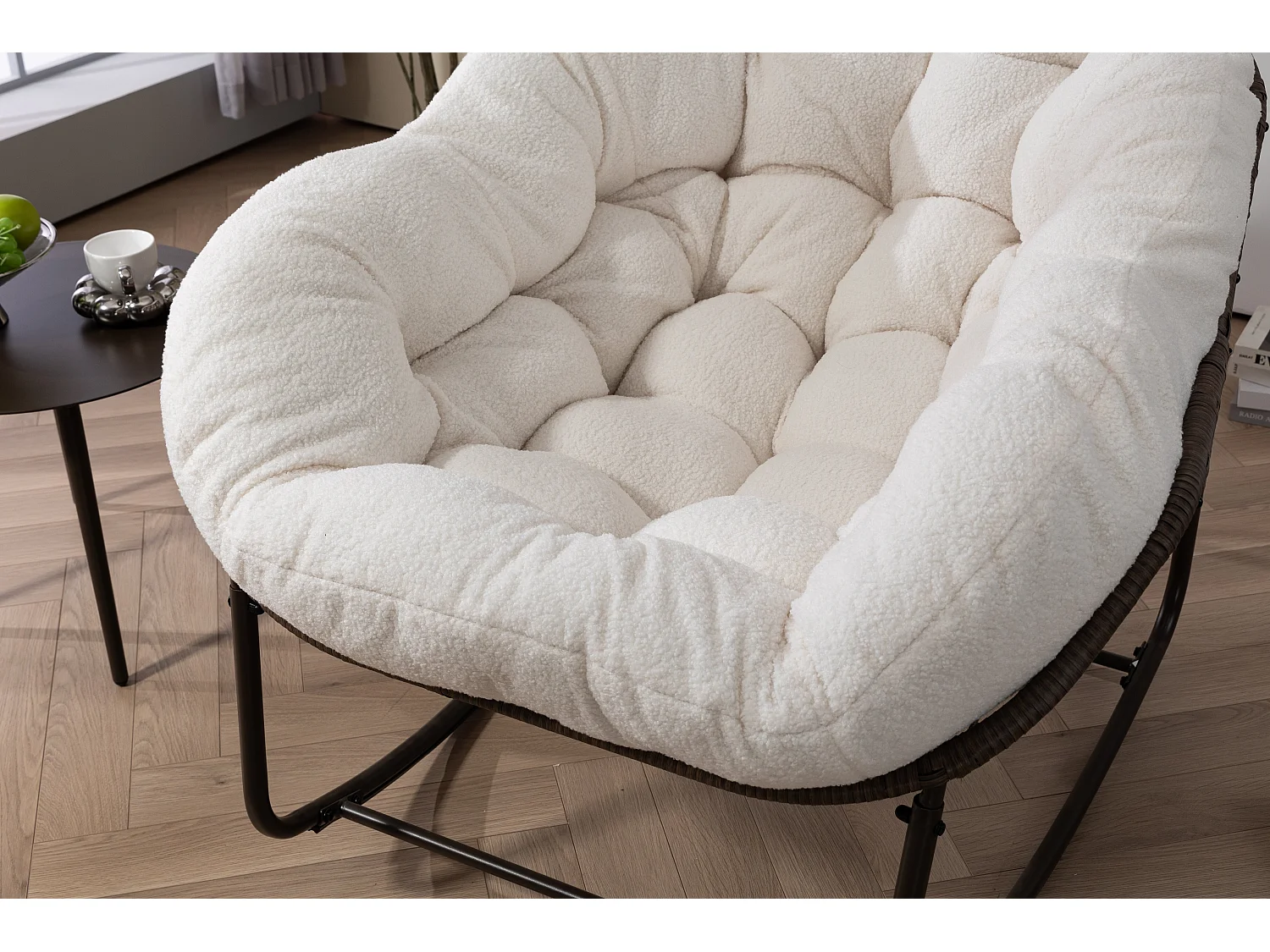 Sedia a dondolo da esterno in rattan con cuscino in cotone, schienale regolabile, cuscino grigio impermeabile (43,7 x 37,2 x 31,5 cm)