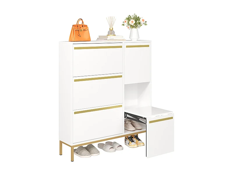 Schoenenkast met schoenenwisselkruk, 3 planken, 4 draaideuren, MDF, wit en goud (105x25x115,5 cm)