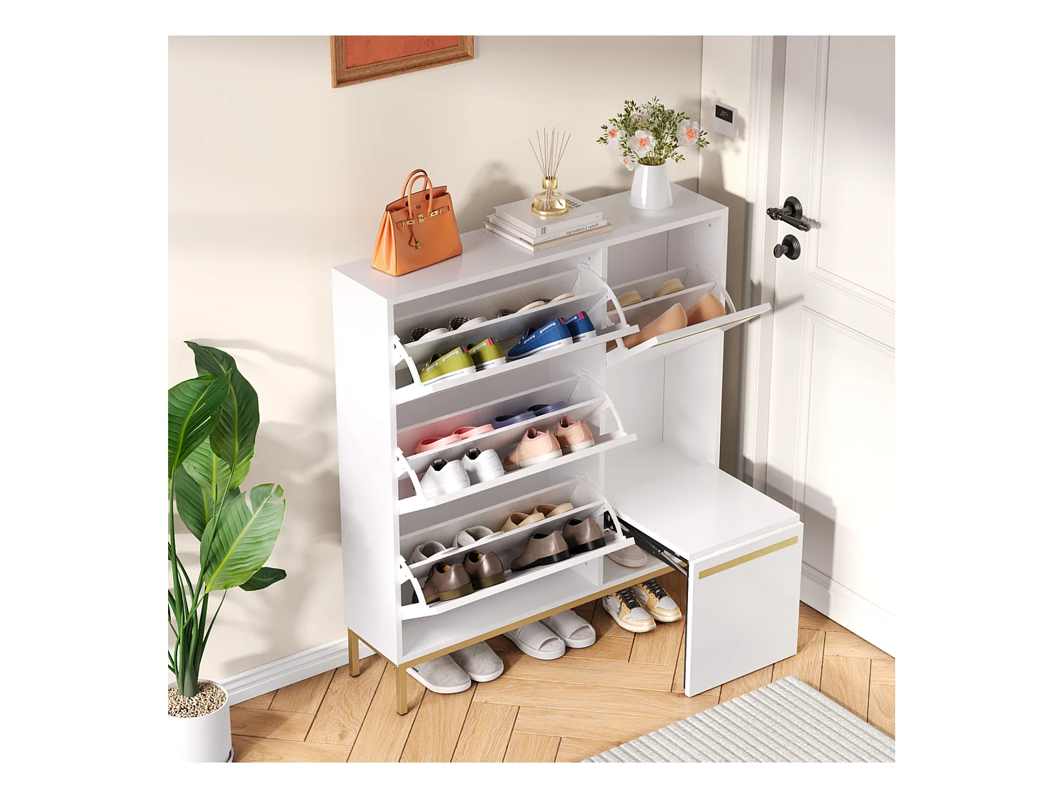 Meuble à chaussures avec tabouret à langer, 3 étagères, 4 portes battantes, MDF, blanc et or (105x25x115,5 cm)