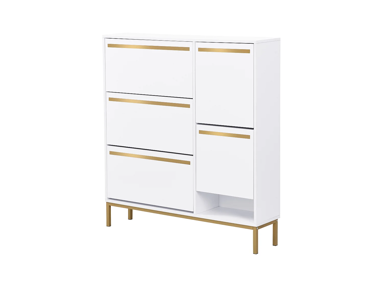 Meuble à chaussures avec tabouret à langer, 3 étagères, 4 portes battantes, MDF, blanc et or (105x25x115,5 cm)