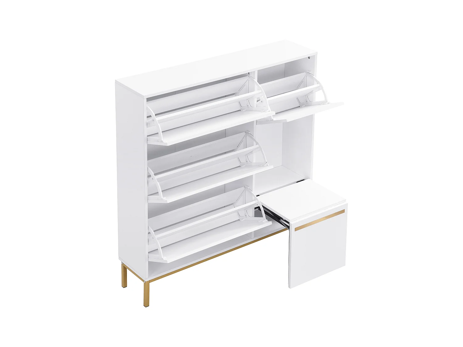 Meuble à chaussures avec tabouret à langer, 3 étagères, 4 portes battantes, MDF, blanc et or (105x25x115,5 cm)