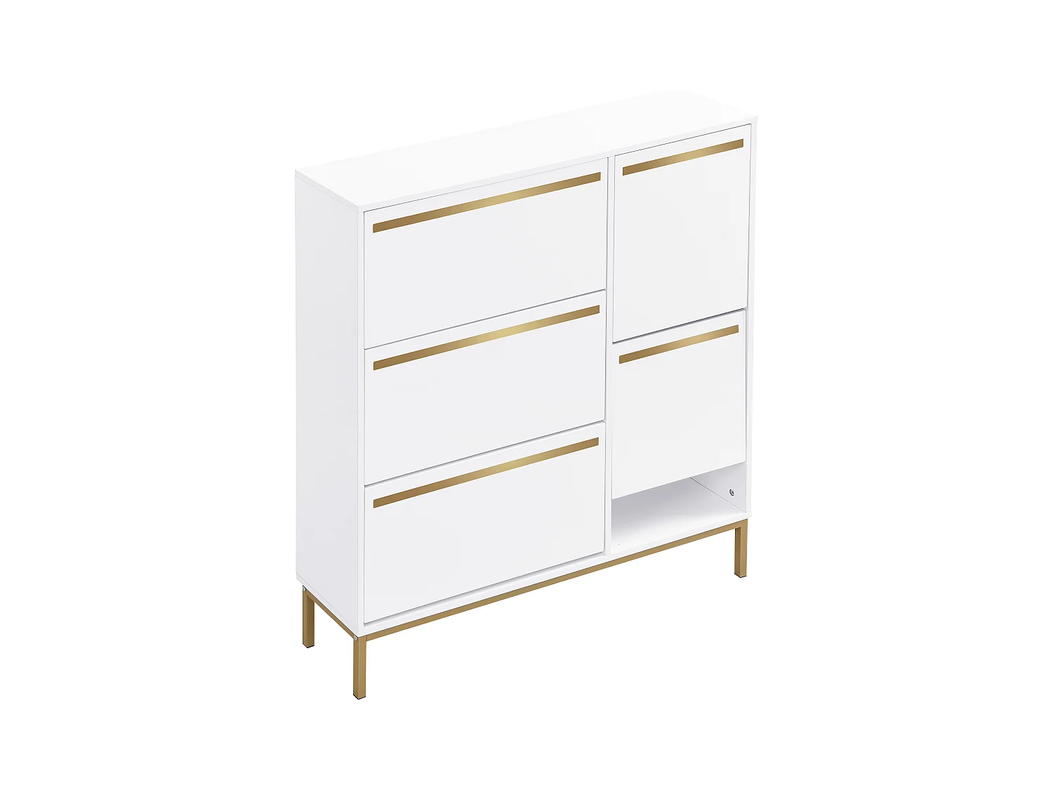 Meuble à chaussures avec tabouret à langer, 3 étagères, 4 portes battantes, MDF, blanc et or (105x25x115,5 cm)