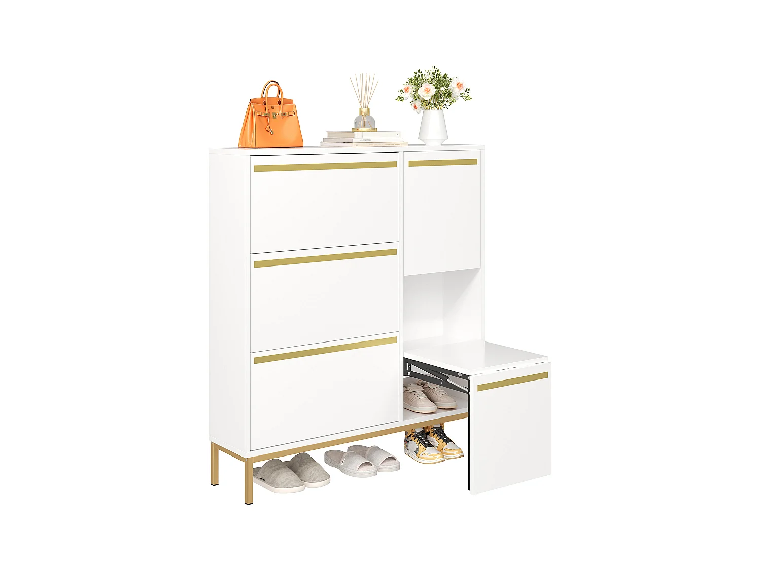 Meuble à chaussures avec tabouret à langer, 3 étagères, 4 portes battantes, MDF, blanc et or (105x25x115,5 cm)