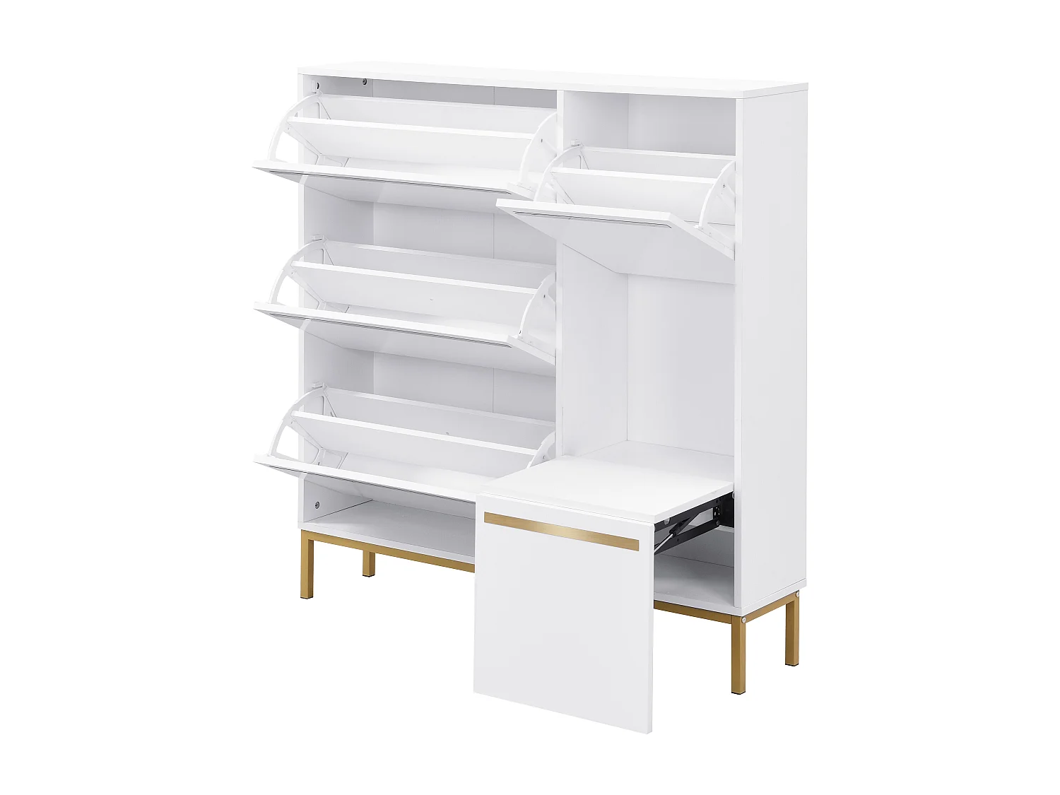 Meuble à chaussures avec tabouret à langer, 3 étagères, 4 portes battantes, MDF, blanc et or (105x25x115,5 cm)