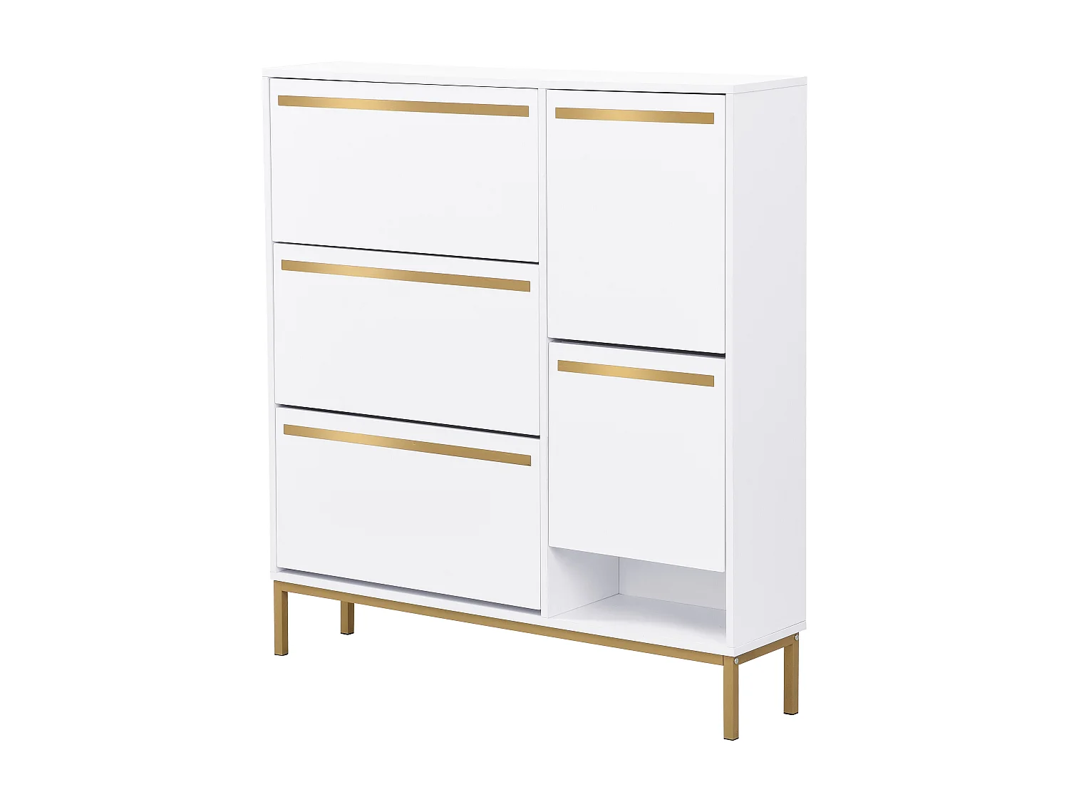 Meuble à chaussures avec tabouret à langer, 3 étagères, 4 portes battantes, MDF, blanc et or (105x25x115,5 cm)