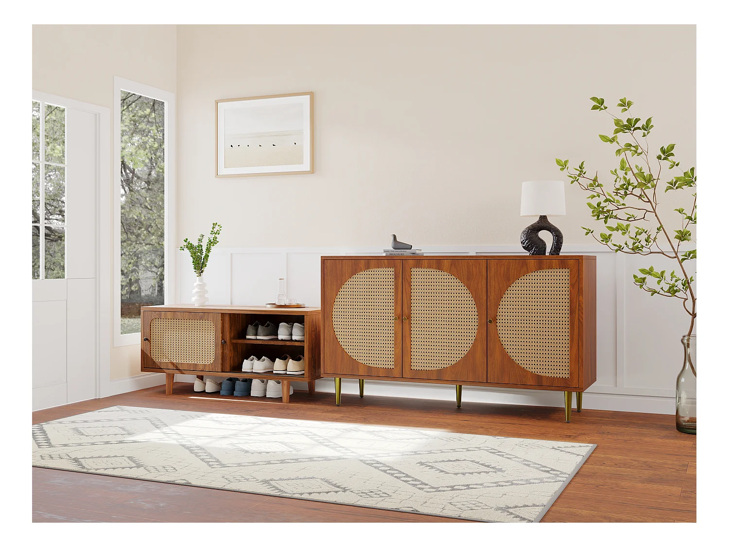 Set di mobili da ingresso in rattan, cassettiera e scarpiera combinati, MDF, noce (147,5x50,2x12 cm)