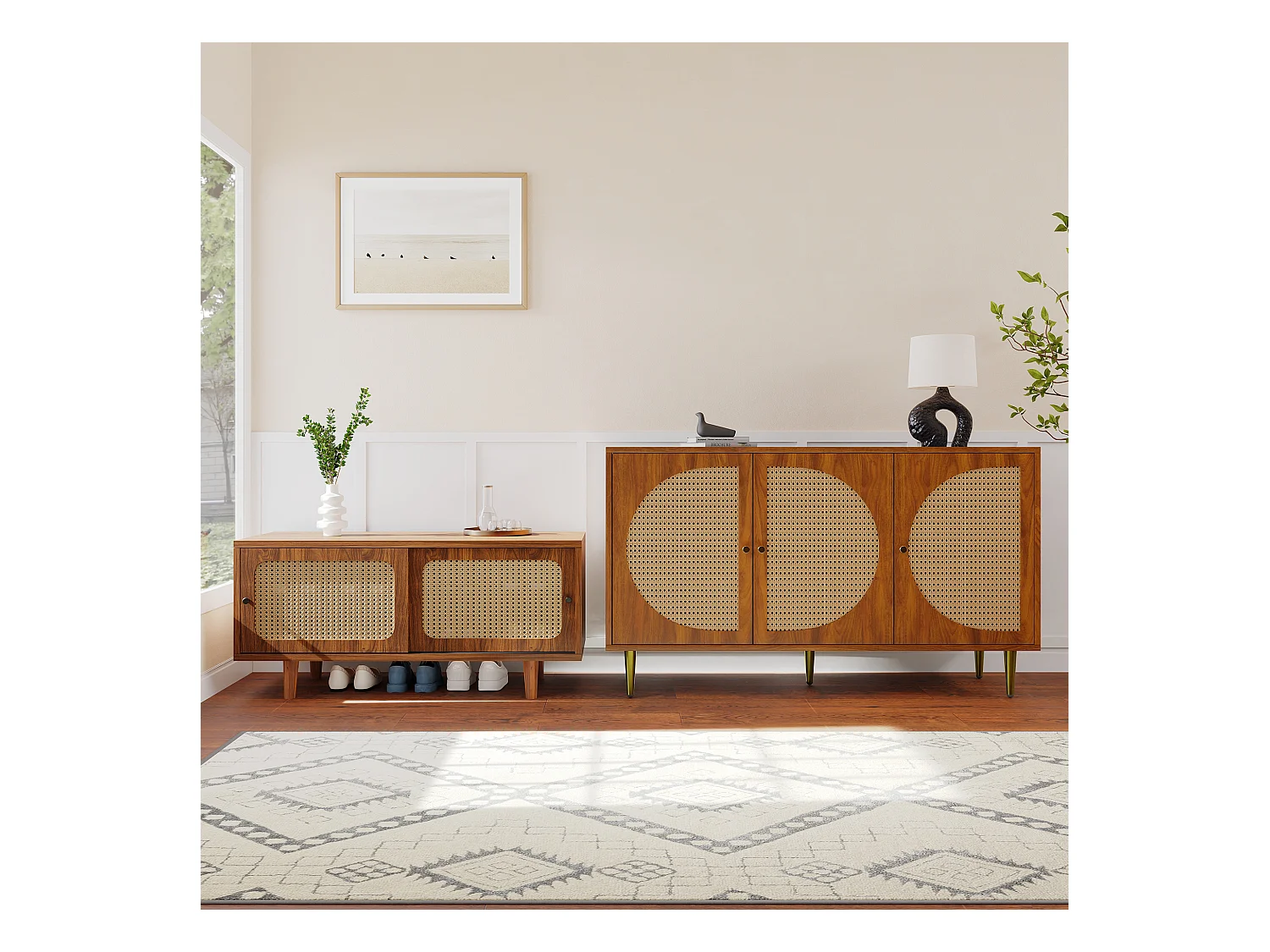 Set di mobili da ingresso in rattan, cassettiera e scarpiera combinati, MDF, noce (147,5x50,2x12 cm)