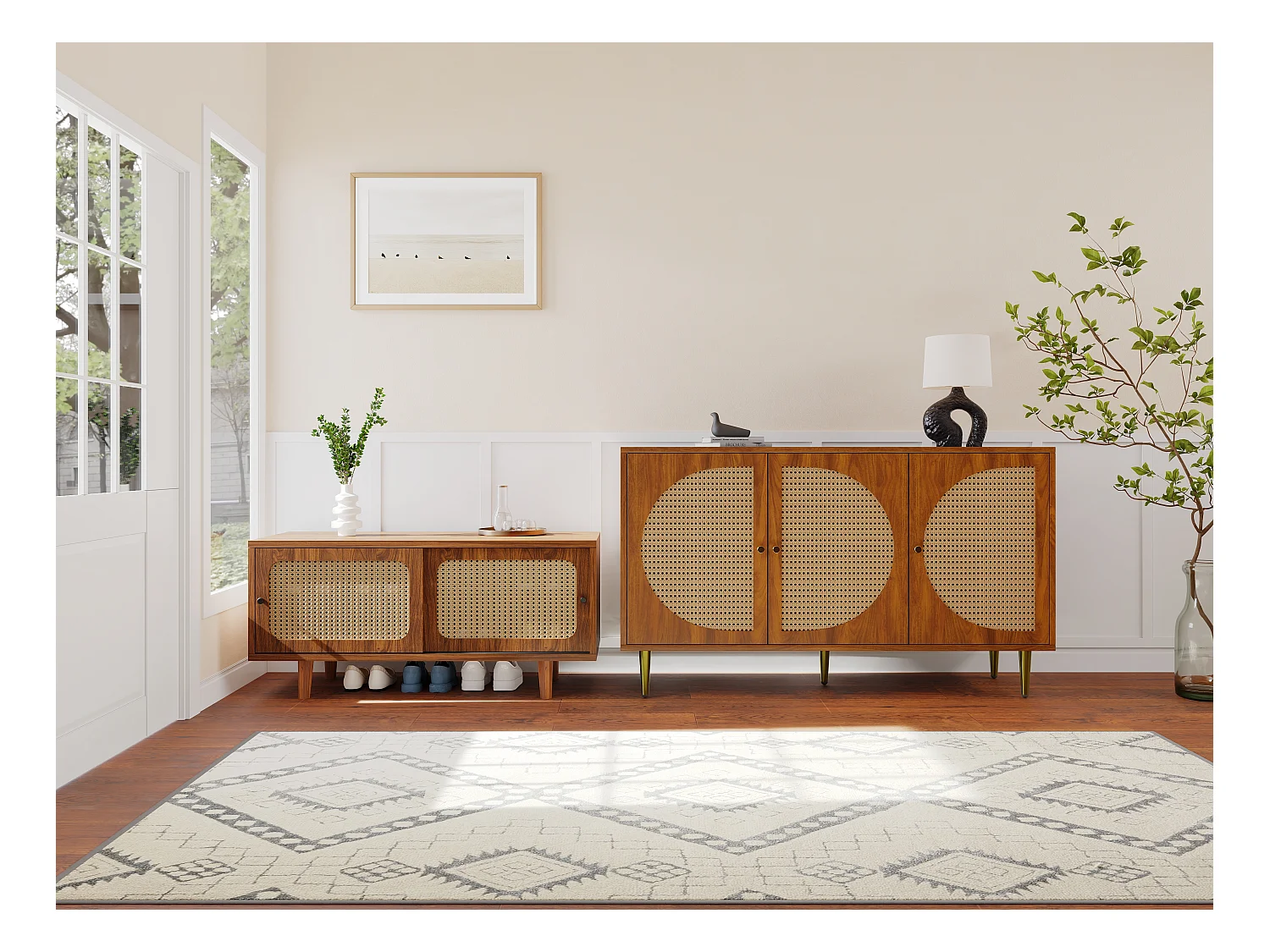 Set di mobili da ingresso in rattan, cassettiera e scarpiera combinati, MDF, noce (147,5x50,2x12 cm)