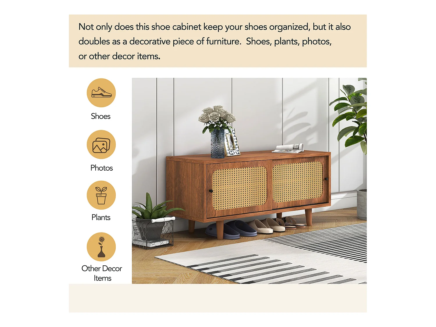 Set di mobili da ingresso in rattan, cassettiera e scarpiera combinati, MDF, noce (147,5x50,2x12 cm)