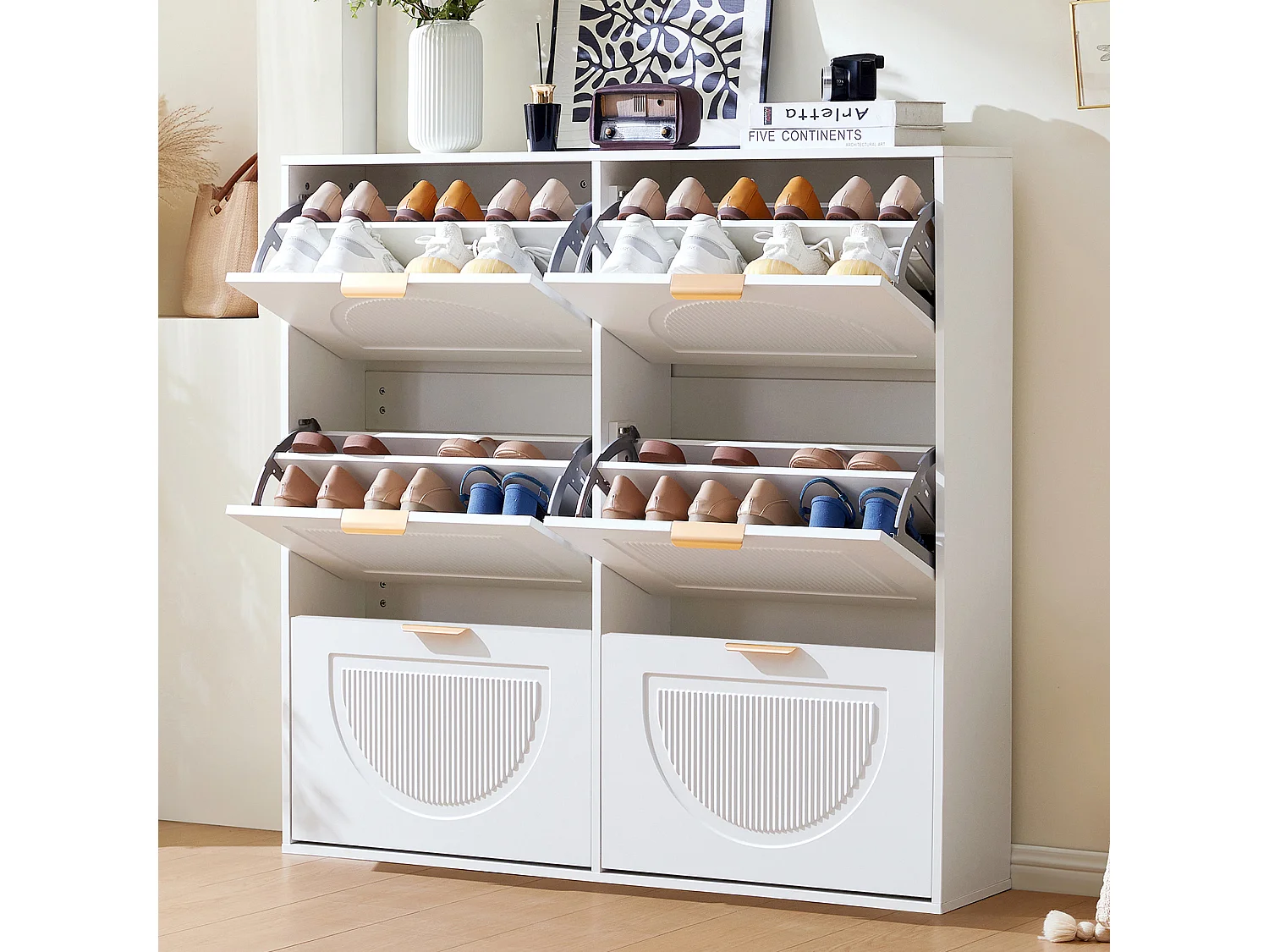 Meuble à chaussures moderne avec 6 compartiments à rabat, étagère indépendante, MDF, blanc (118x25x115 cm)