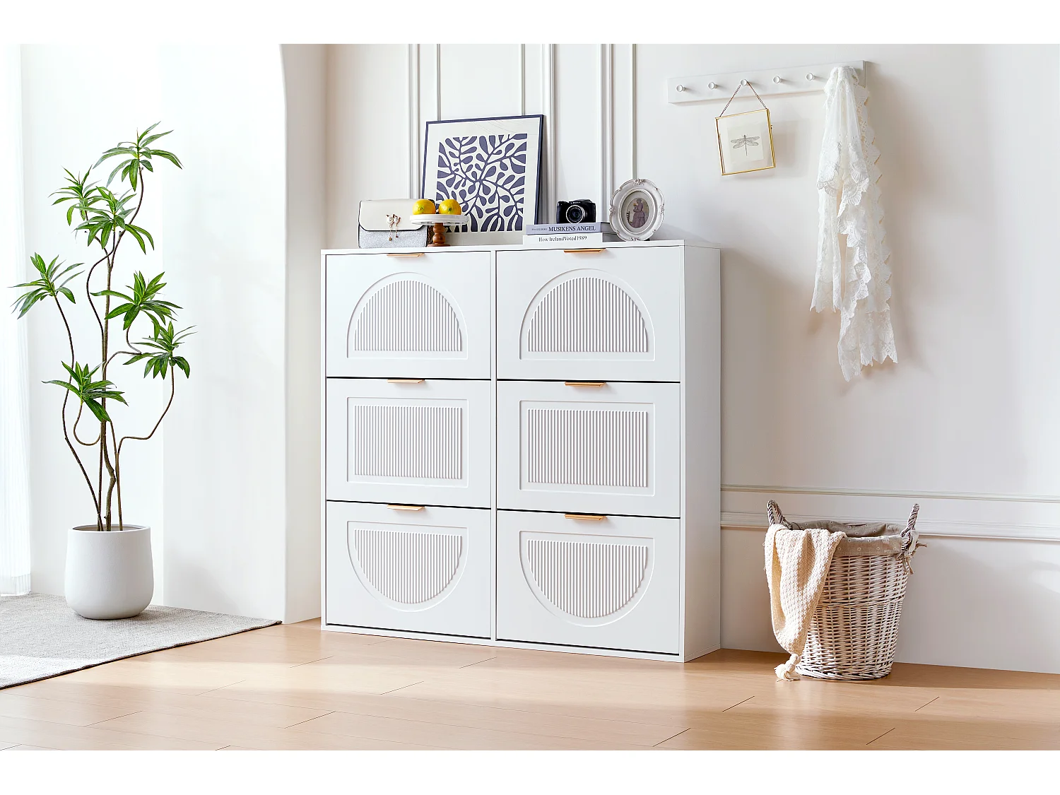 Meuble à chaussures moderne avec 6 compartiments à rabat, étagère indépendante, MDF, blanc (118x25x115 cm)