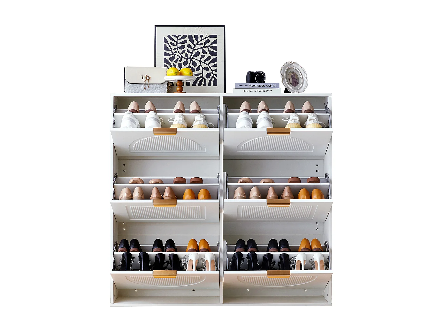 Meuble à chaussures moderne avec 6 compartiments à rabat, étagère indépendante, MDF, blanc (118x25x115 cm)