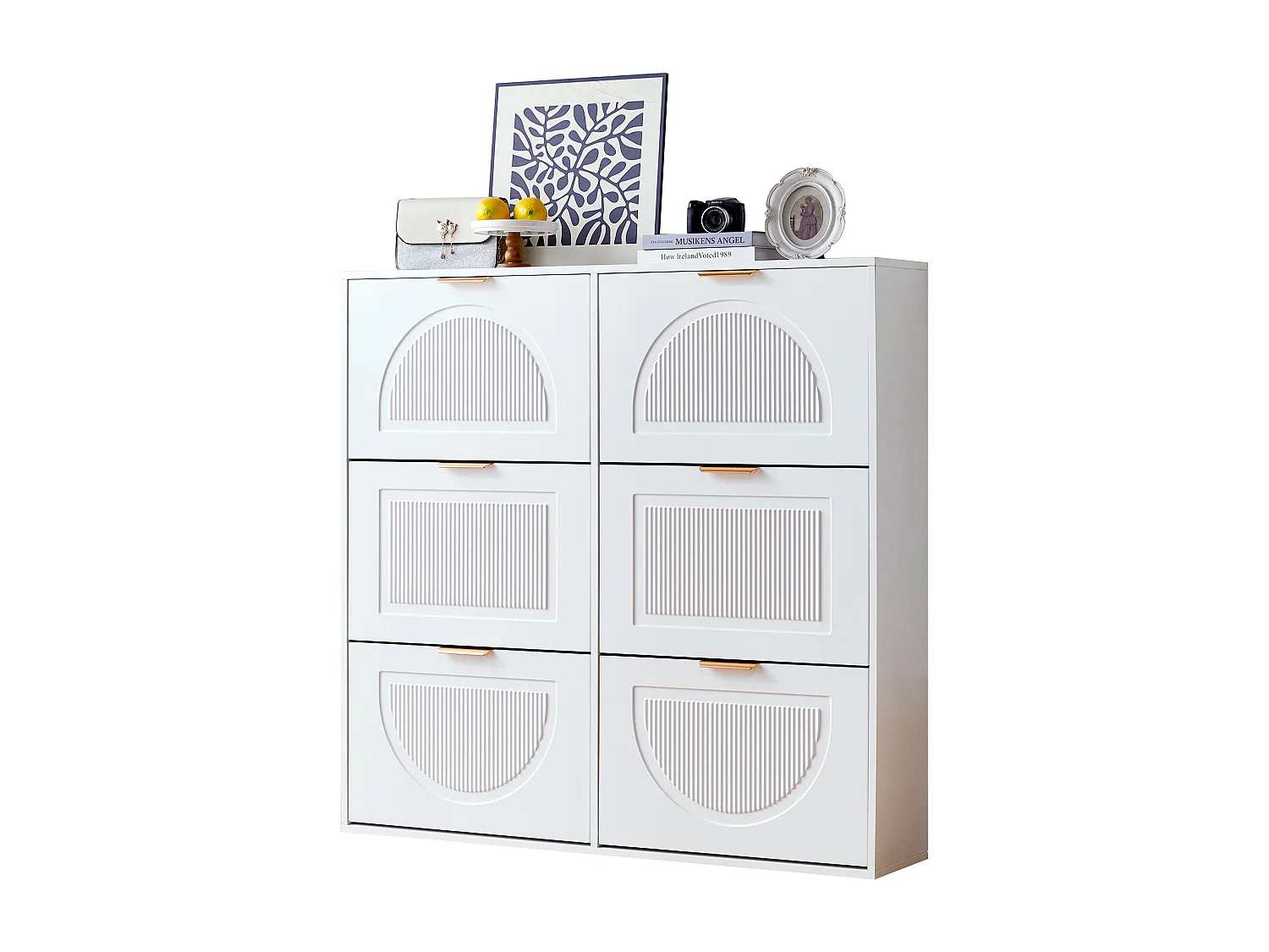 Meuble à chaussures moderne avec 6 compartiments à rabat, étagère indépendante, MDF, blanc (118x25x115 cm)