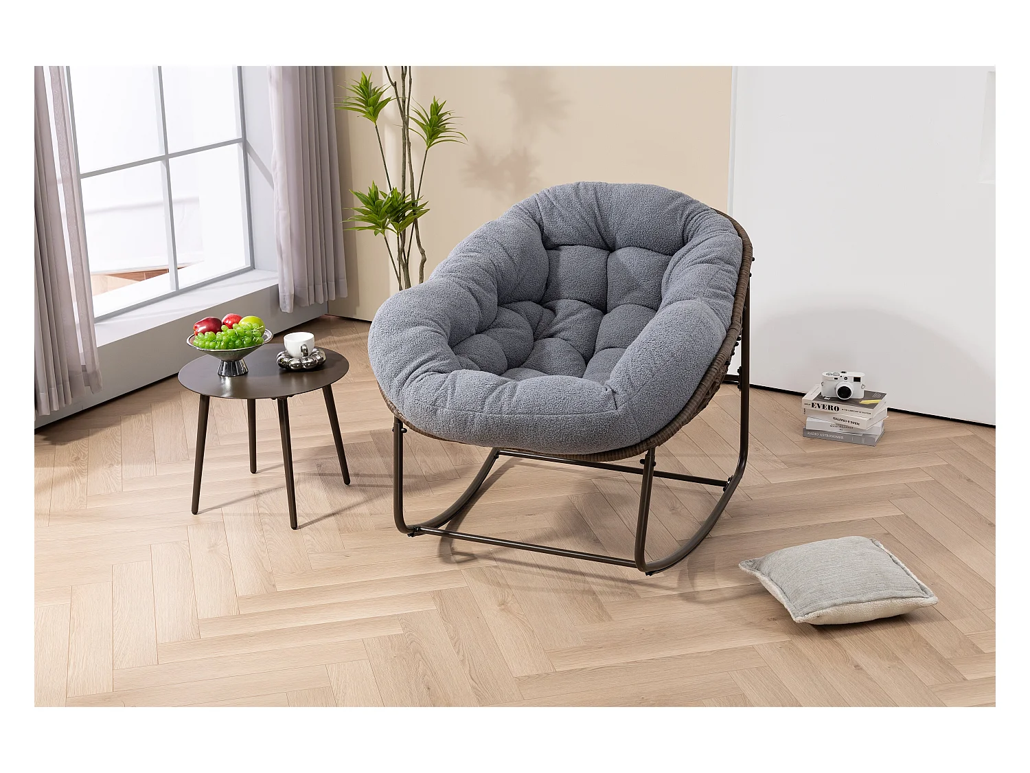 Chaise à bascule d'extérieur en rotin avec coussin en coton, dossier réglable, cadre en aluminium antirouille, coussin gris (43,7 x 37,2 x 31,5 cm)