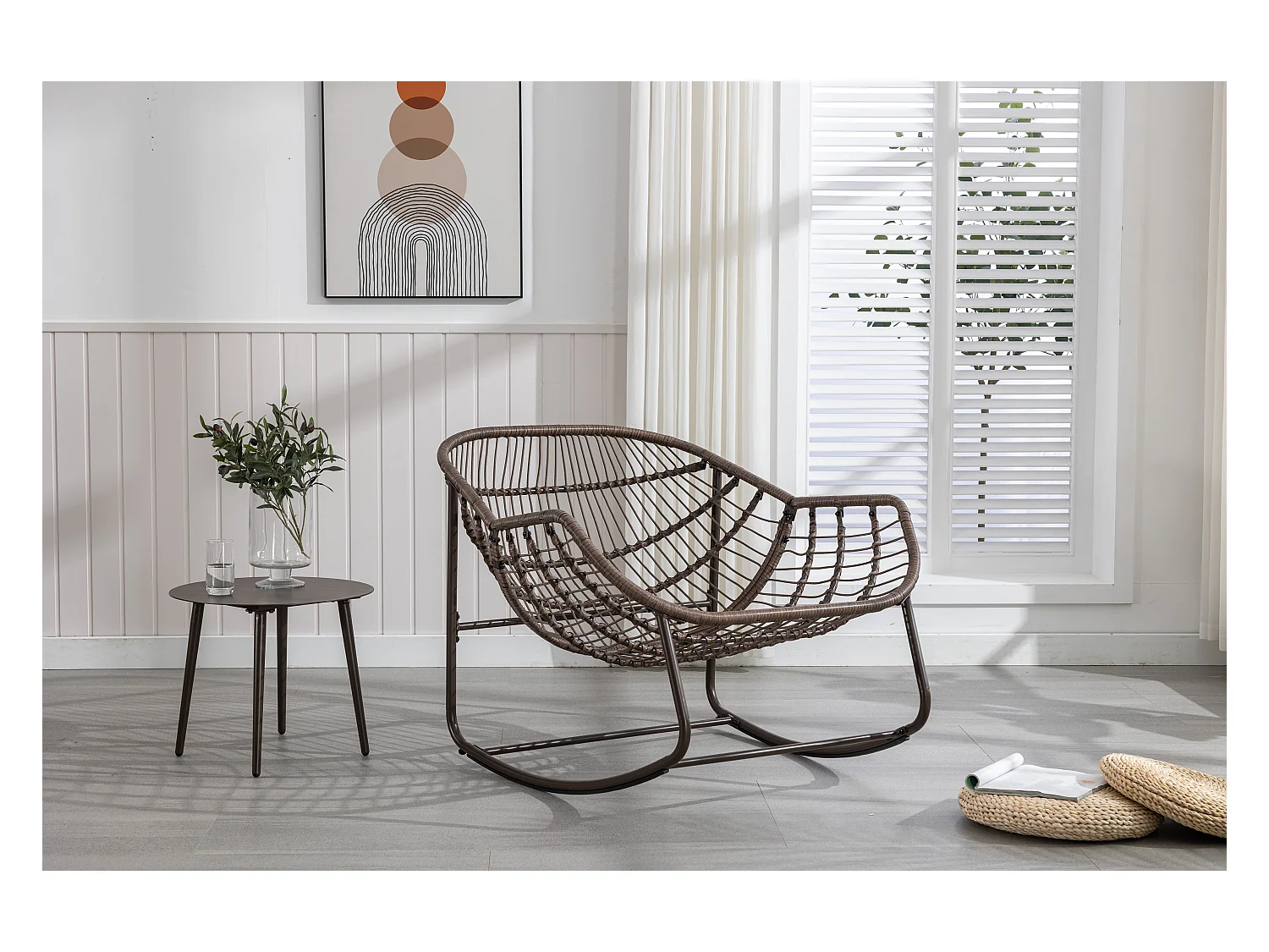 Chaise à bascule d'extérieur en rotin avec coussin en coton, dossier réglable, cadre en aluminium antirouille, coussin gris (43,7 x 37,2 x 31,5 cm)