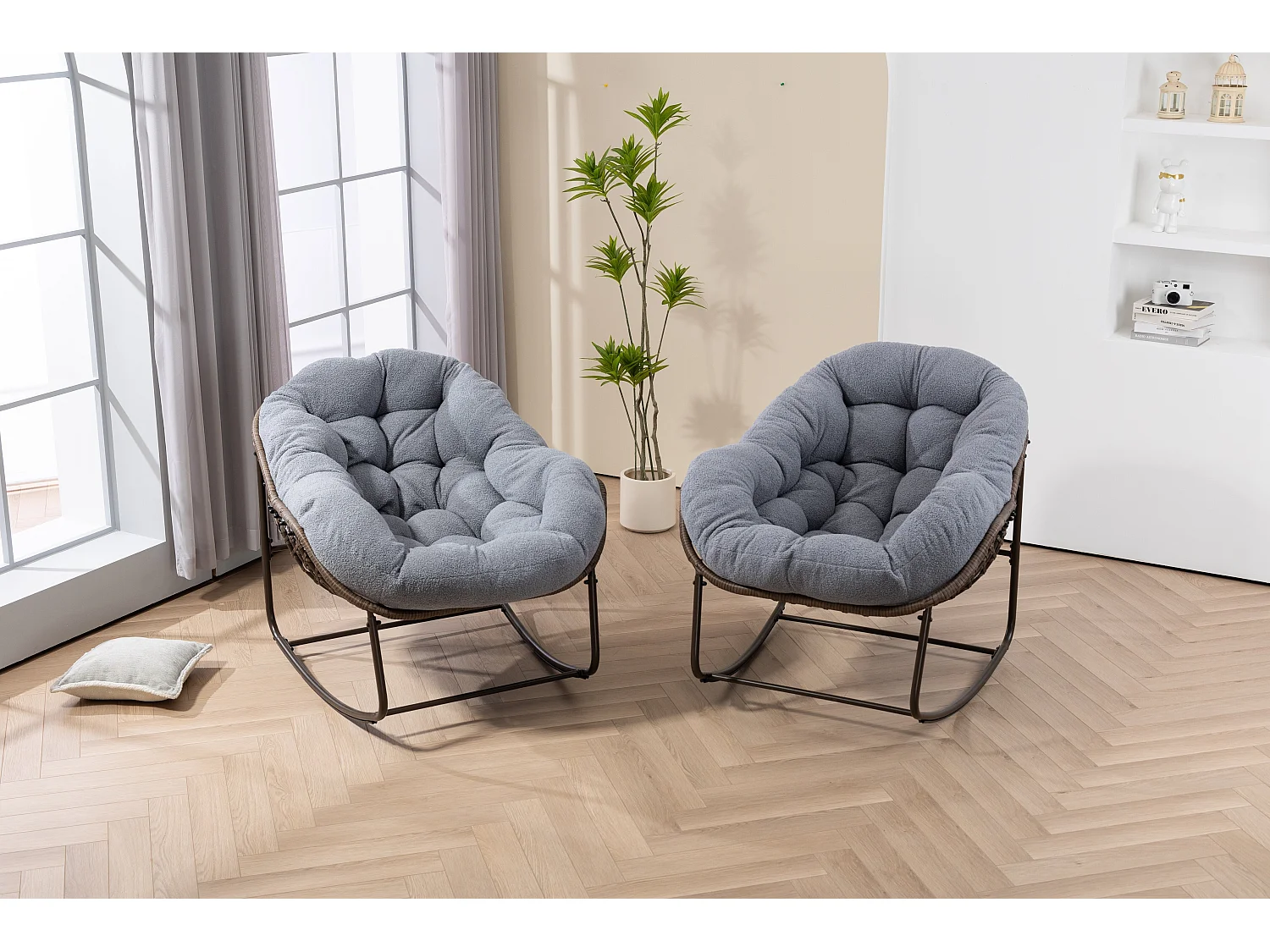 Chaise à bascule d'extérieur en rotin avec coussin en coton, dossier réglable, cadre en aluminium antirouille, coussin gris (43,7 x 37,2 x 31,5 cm)