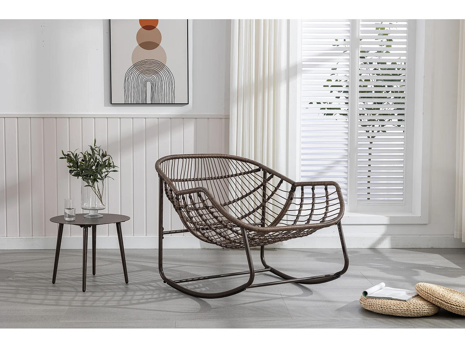 Chaise à bascule d'extérieur en rotin avec coussin en coton, dossier réglable, cadre en aluminium antirouille, coussin gris (43,7 x 37,2 x 31,5 cm)