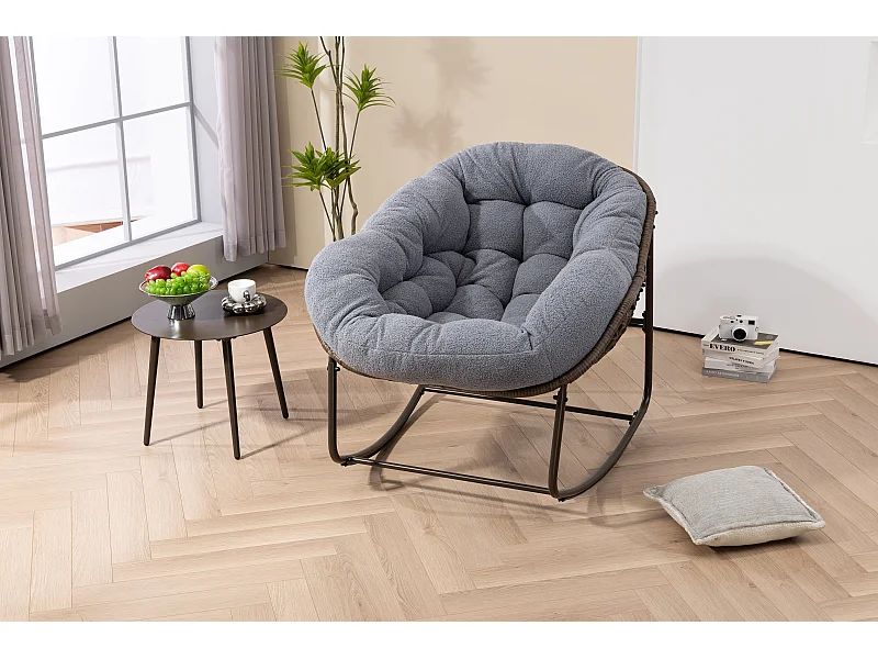 Chaise à bascule d'extérieur en rotin avec coussin en coton, dossier réglable, cadre en aluminium antirouille, coussin gris (43,7 x 37,2 x 31,5 cm)