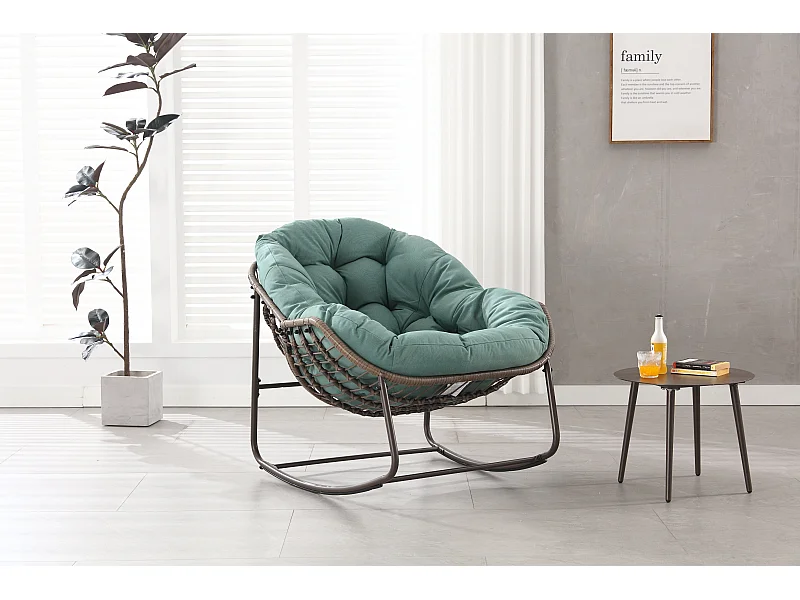 Chaise Rocking XXL en Osier pour Terrasse, Chaise Lounge Confortable avec Coussin Épais, Structure en Acier, Vert Clair (99x76x26cm)