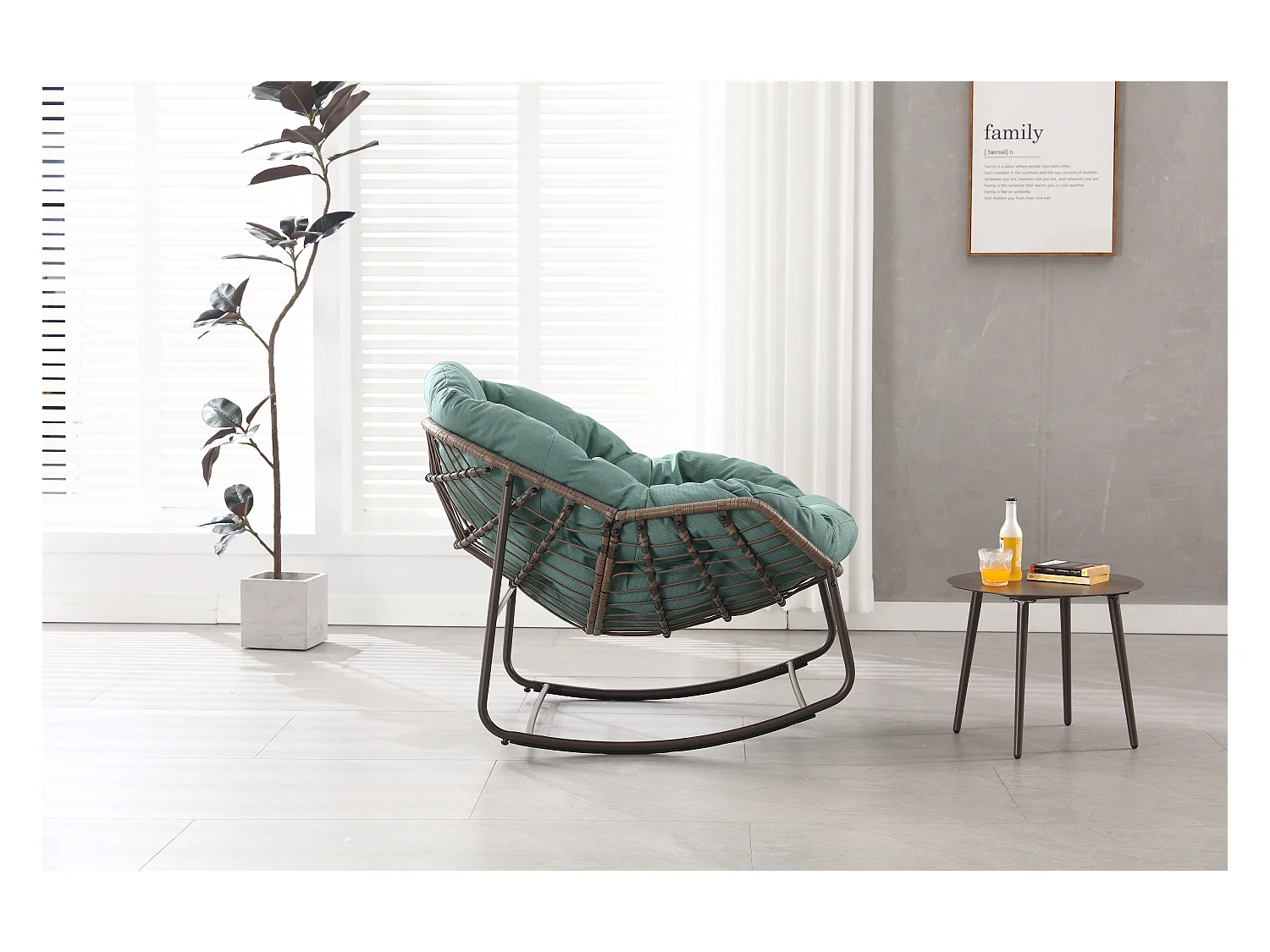 Chaise Rocking XXL en Osier pour Terrasse, Chaise Lounge Confortable avec Coussin Épais, Structure en Acier, Vert Clair (99x76x26cm)