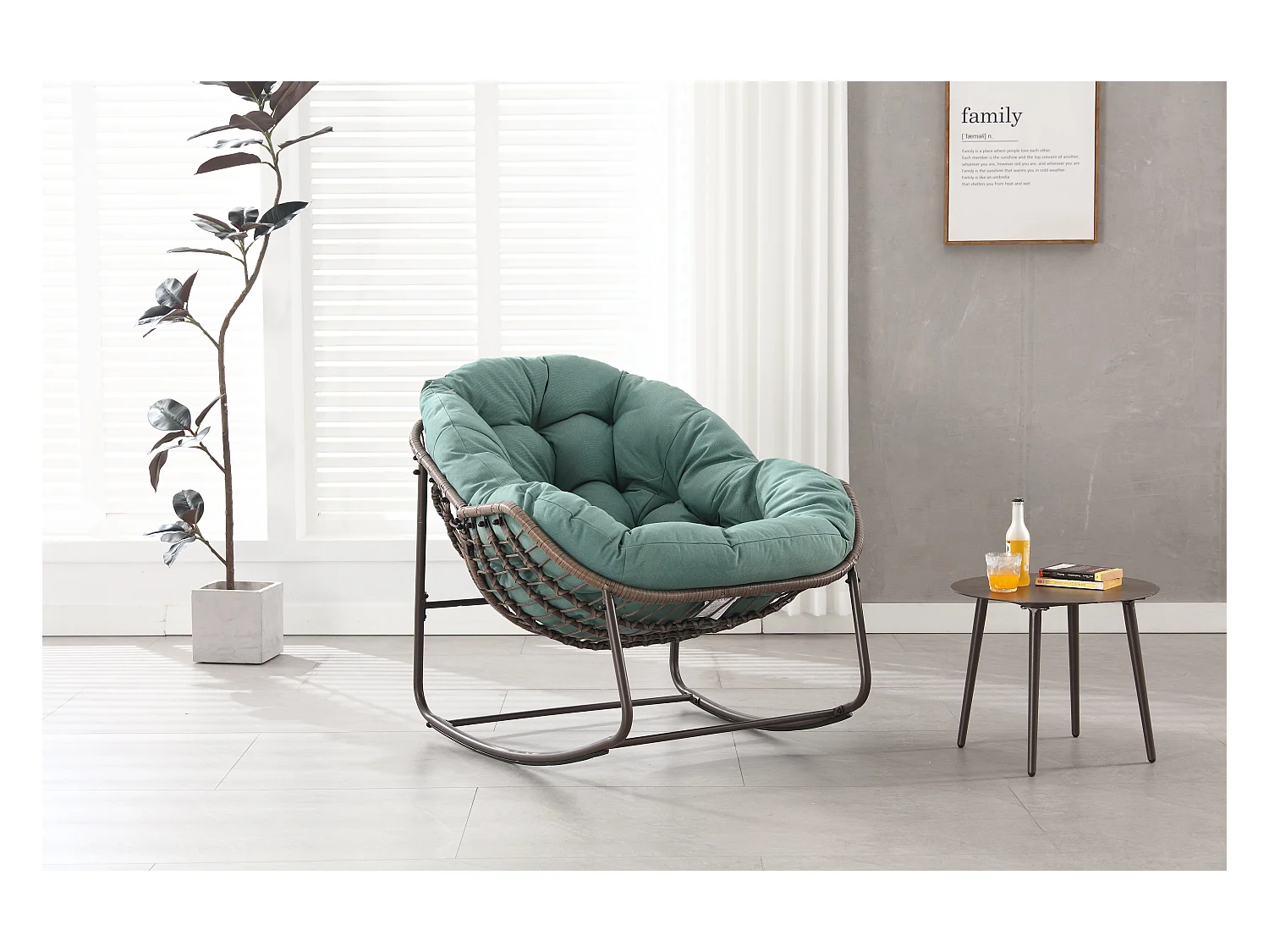 Mecedora de mimbre XXL para patio, cómoda silla con cojín grueso, estructura de acero, verde claro (99 x 76 x 26 cm)