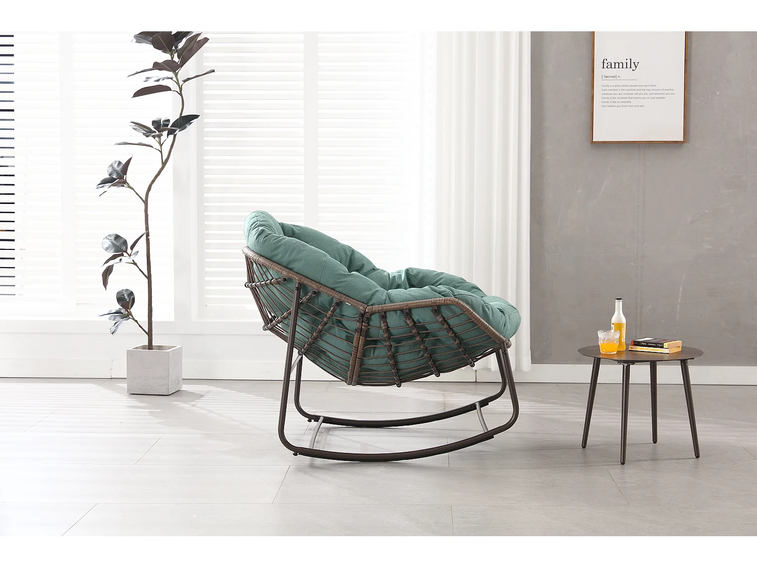 Chaise Rocking XXL en Osier pour Terrasse, Chaise Lounge Confortable avec Coussin Épais, Structure en Acier, Vert Clair (99x76x26cm)