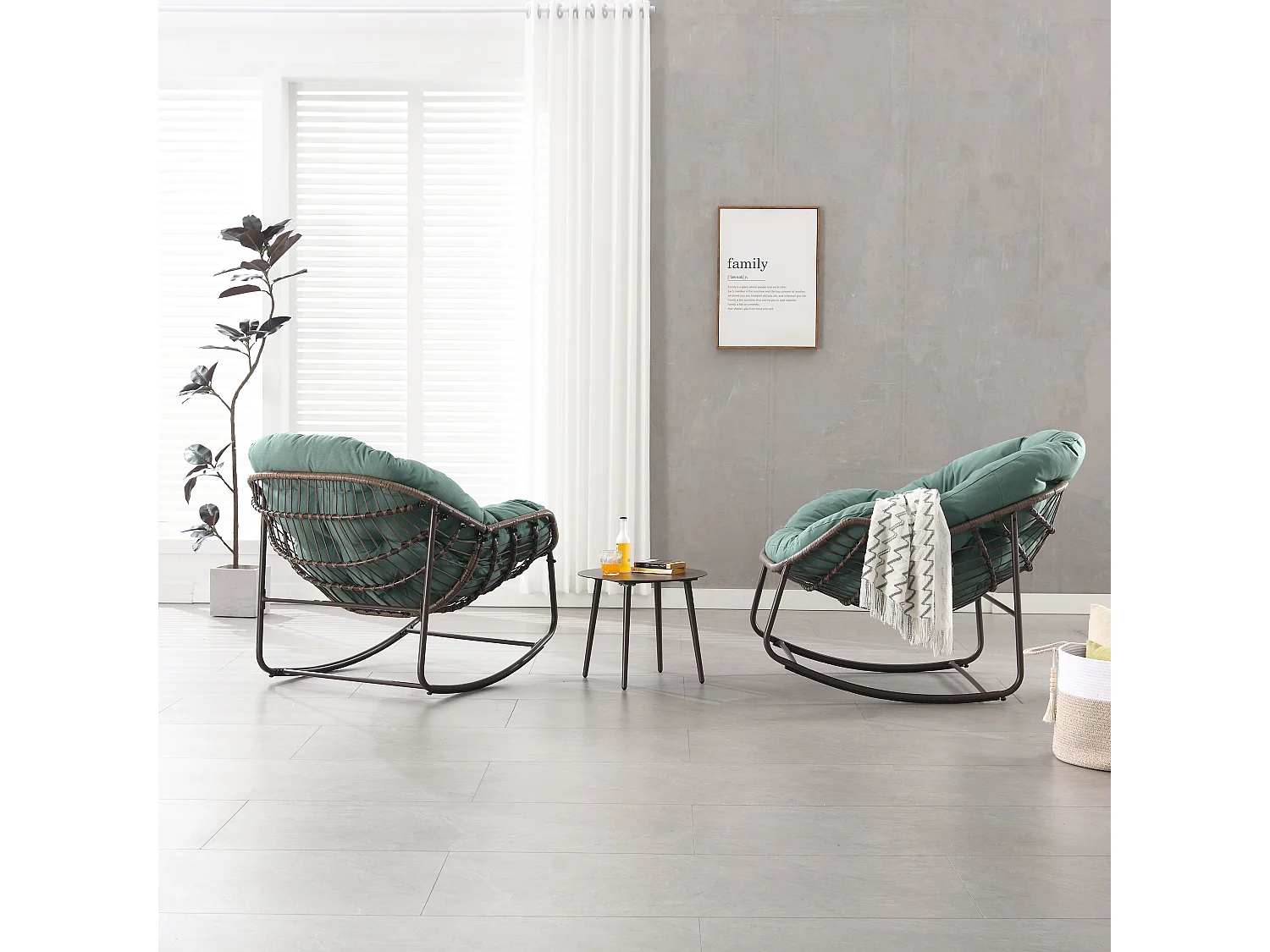 Chaise Rocking XXL en Osier pour Terrasse, Chaise Lounge Confortable avec Coussin Épais, Structure en Acier, Vert Clair (99x76x26cm)