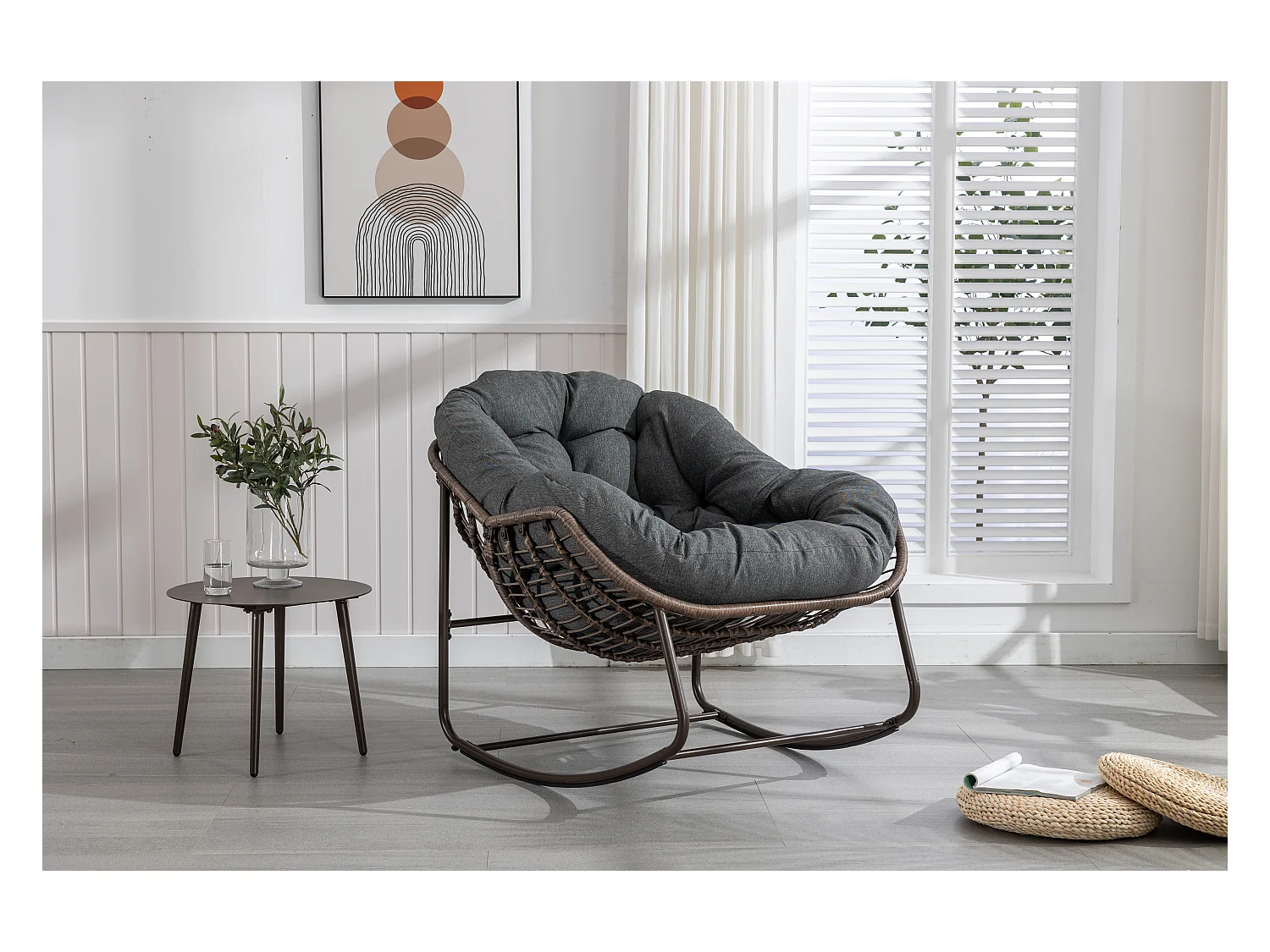 Chaise Rocking en Osier XXL pour Terrasse, Chaise Lounge Confortable avec Coussin Épais, Structure en Acier, Gris Foncé (99x76x26cm)