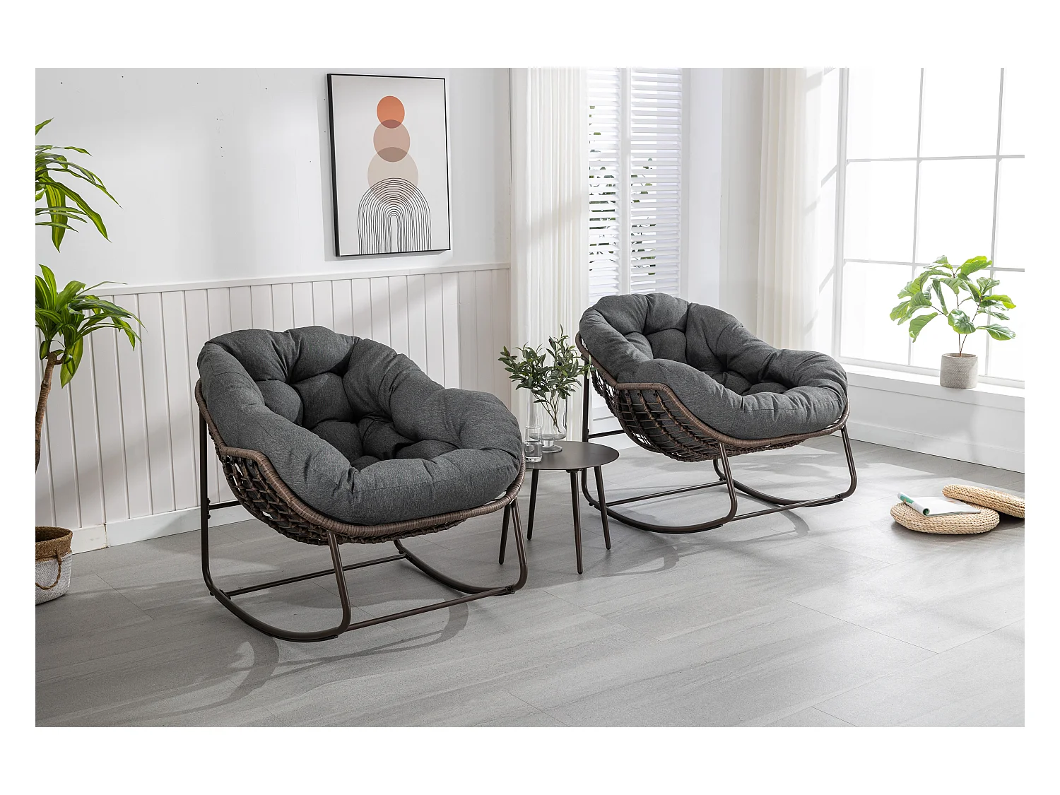 Chaise Rocking en Osier XXL pour Terrasse, Chaise Lounge Confortable avec Coussin Épais, Structure en Acier, Gris Foncé (99x76x26cm)
