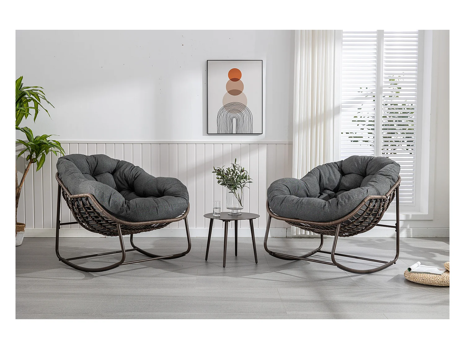 Chaise Rocking en Osier XXL pour Terrasse, Chaise Lounge Confortable avec Coussin Épais, Structure en Acier, Gris Foncé (99x76x26cm)