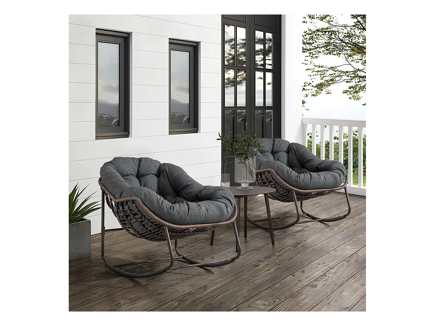 Chaise Rocking en Osier XXL pour Terrasse, Chaise Lounge Confortable avec Coussin Épais, Structure en Acier, Gris Foncé (99x76x26cm)