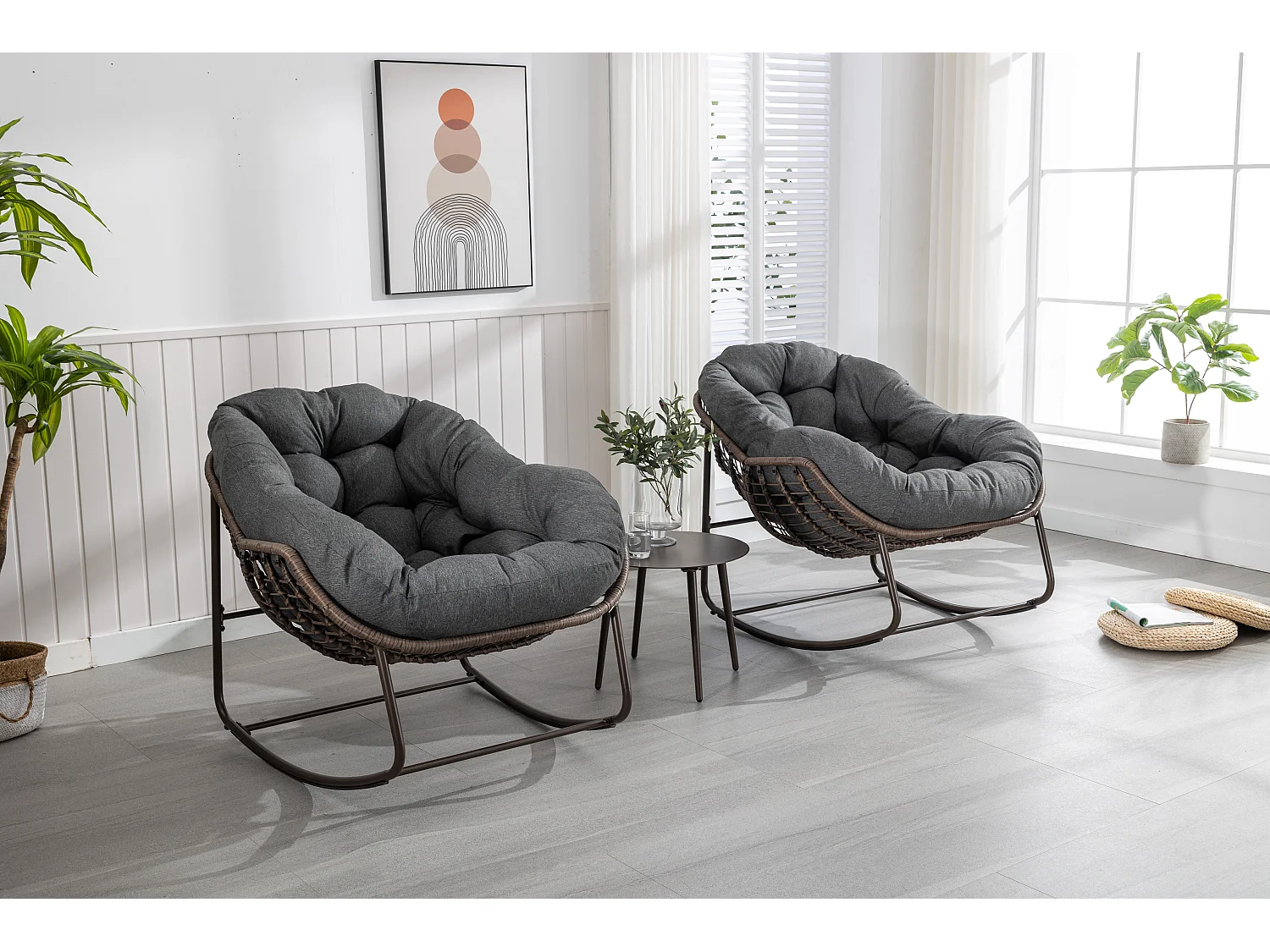 Chaise Rocking en Osier XXL pour Terrasse, Chaise Lounge Confortable avec Coussin Épais, Structure en Acier, Gris Foncé (99x76x26cm)