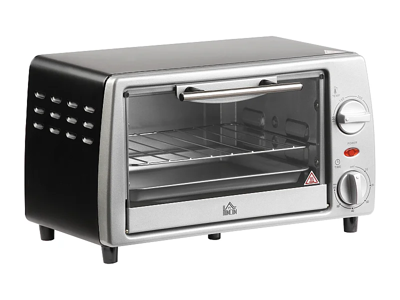Mini four électrique 10L avec température réglable et minuterie, grill et plaque de cuisson inclus, 750W, métal, noir et argenté (36.5x26x22cm)