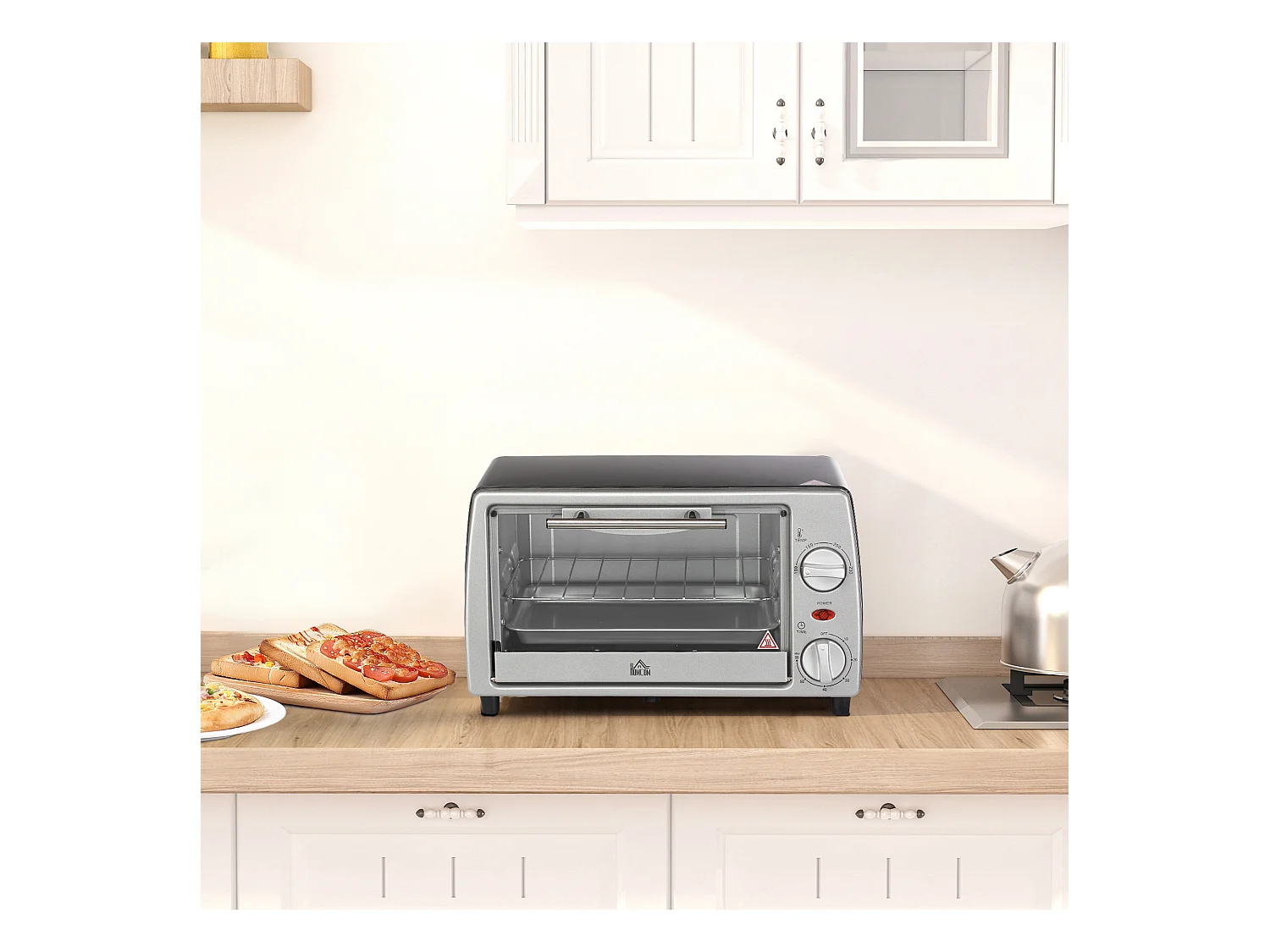 Mini vier elektrische 10L met regelbare temperatuur en minuten, inclusief grill en kookplaat, 750W, metaal, zwart en zilver (36,5x26x22cm)