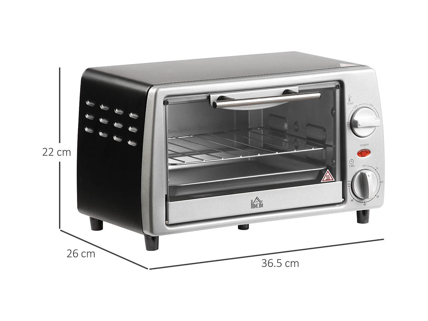 Mini vier elektrische 10L met regelbare temperatuur en minuten, inclusief grill en kookplaat, 750W, metaal, zwart en zilver (36,5x26x22cm)