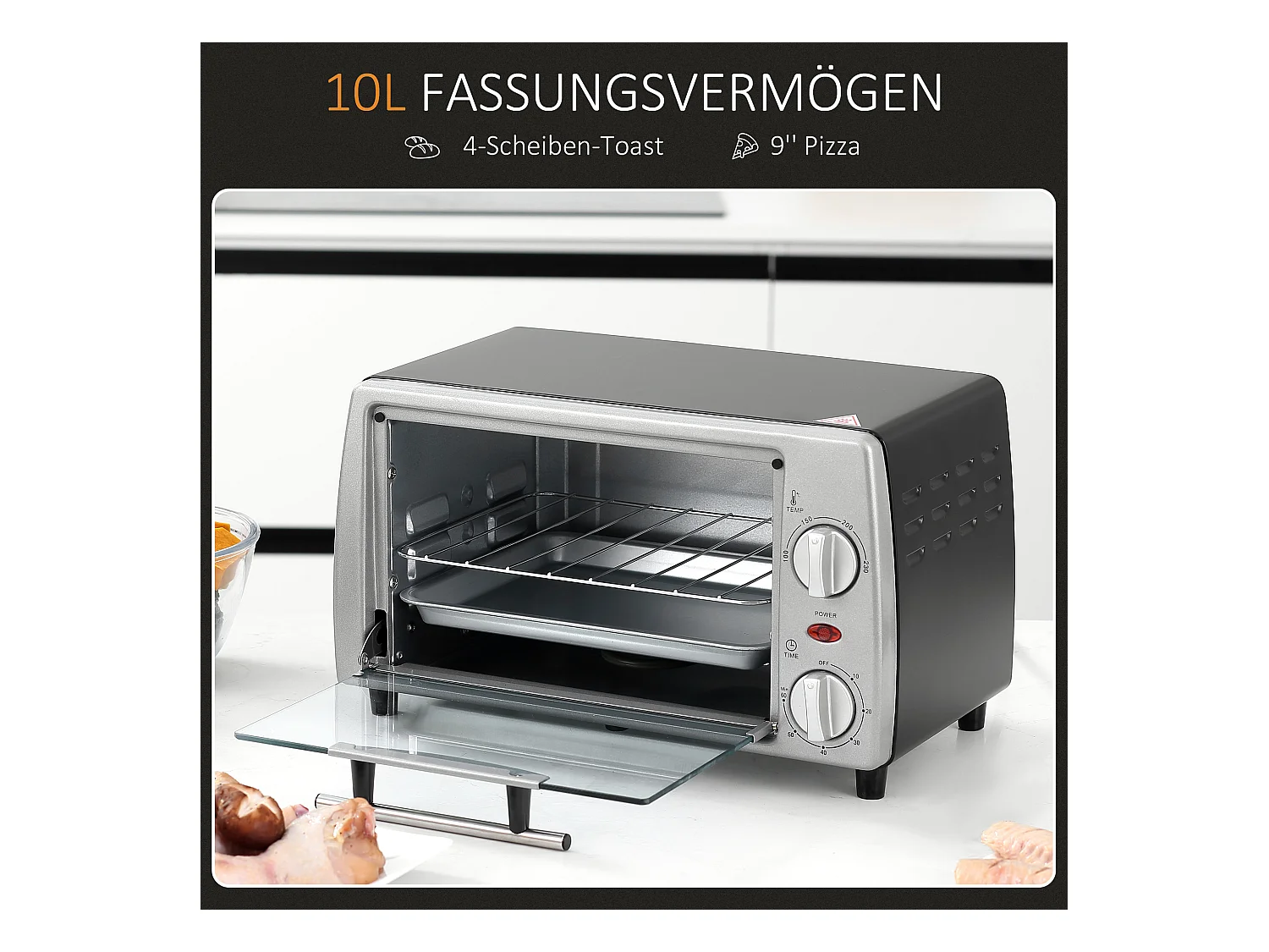 Mini vier elektrische 10L met regelbare temperatuur en minuten, inclusief grill en kookplaat, 750W, metaal, zwart en zilver (36,5x26x22cm)