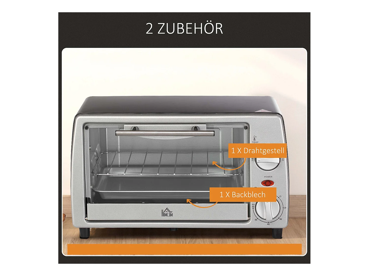 Mini vier elektrische 10L met regelbare temperatuur en minuten, inclusief grill en kookplaat, 750W, metaal, zwart en zilver (36,5x26x22cm)