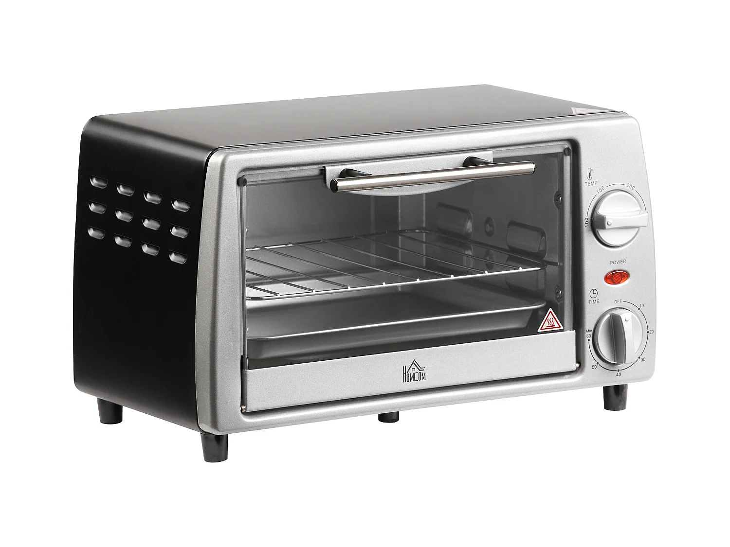 Mini four électrique 10L avec température réglable et minuterie, grill et plaque de cuisson inclus, 750W, métal, noir et argenté (36.5x26x22cm)