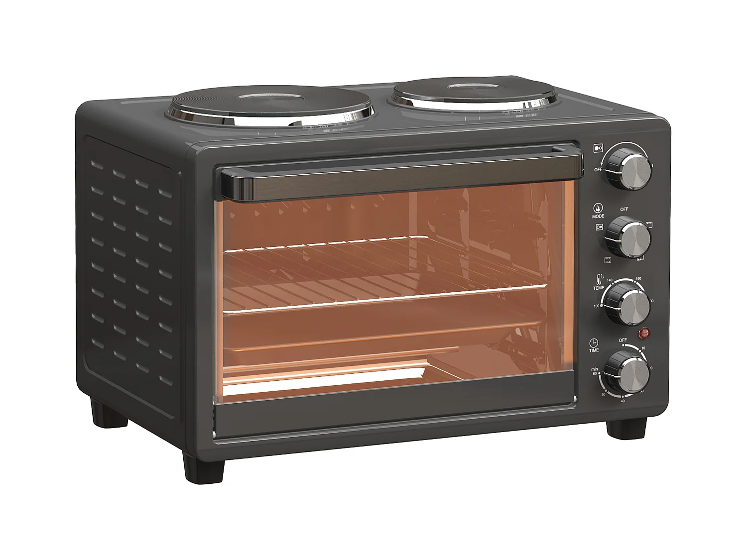 Mini vier 28L 2600W met 60 min minuut, 2 verwarmingsplaten, grill en kookplaat, vier met pizza met grill en mietettes (48,6x36,3x33cm)